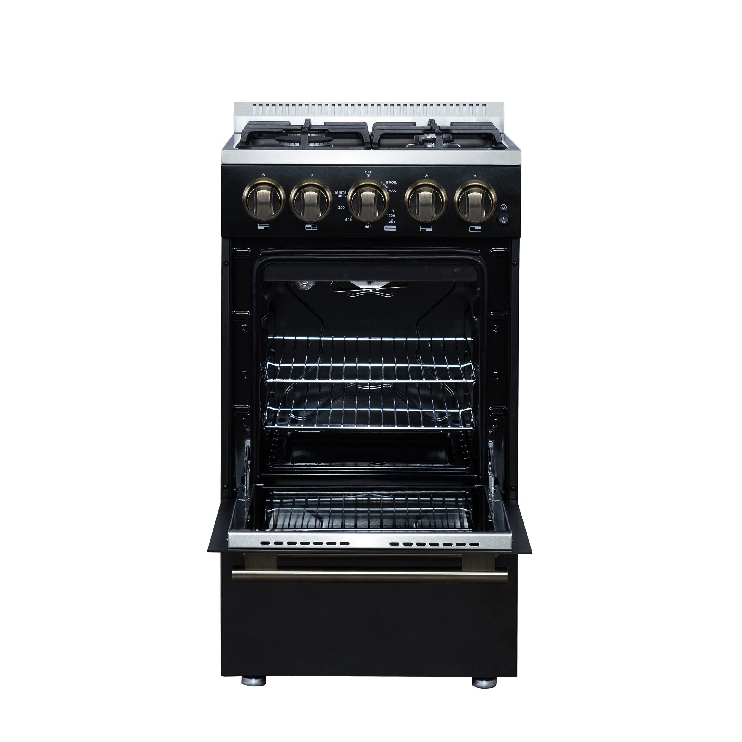 Forno Lamazze 20 in. 2.05 cu.ft. Black Gas Range with 4 Burners, Storage Drawer and Antique Brass Accents | FFSGS6265-20BLK