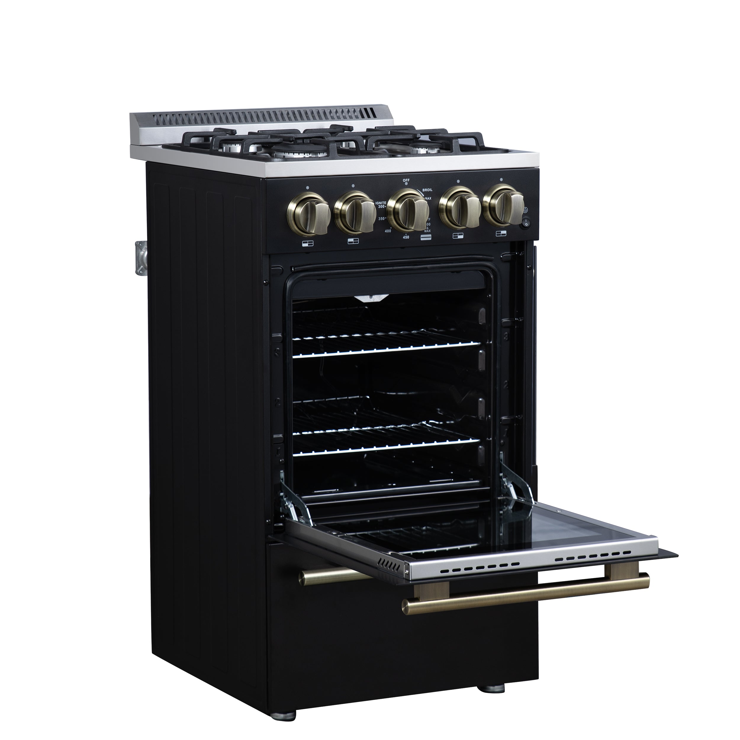 Forno Lamazze 20 in. 2.05 cu.ft. Black Gas Range with 4 Burners, Storage Drawer and Antique Brass Accents | FFSGS6265-20BLK