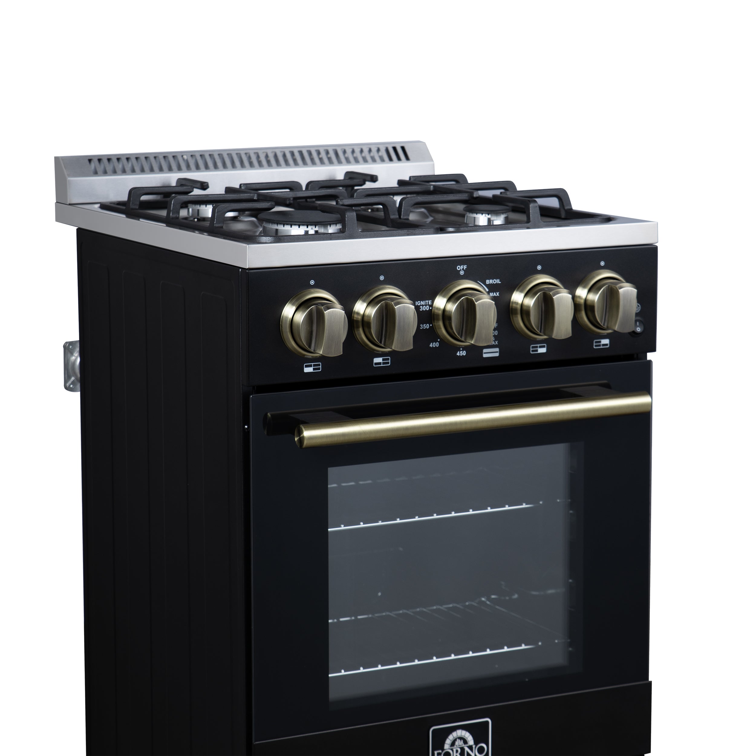 Forno Lamazze 20 in. 2.05 cu.ft. Black Gas Range with 4 Burners, Storage Drawer and Antique Brass Accents | FFSGS6265-20BLK