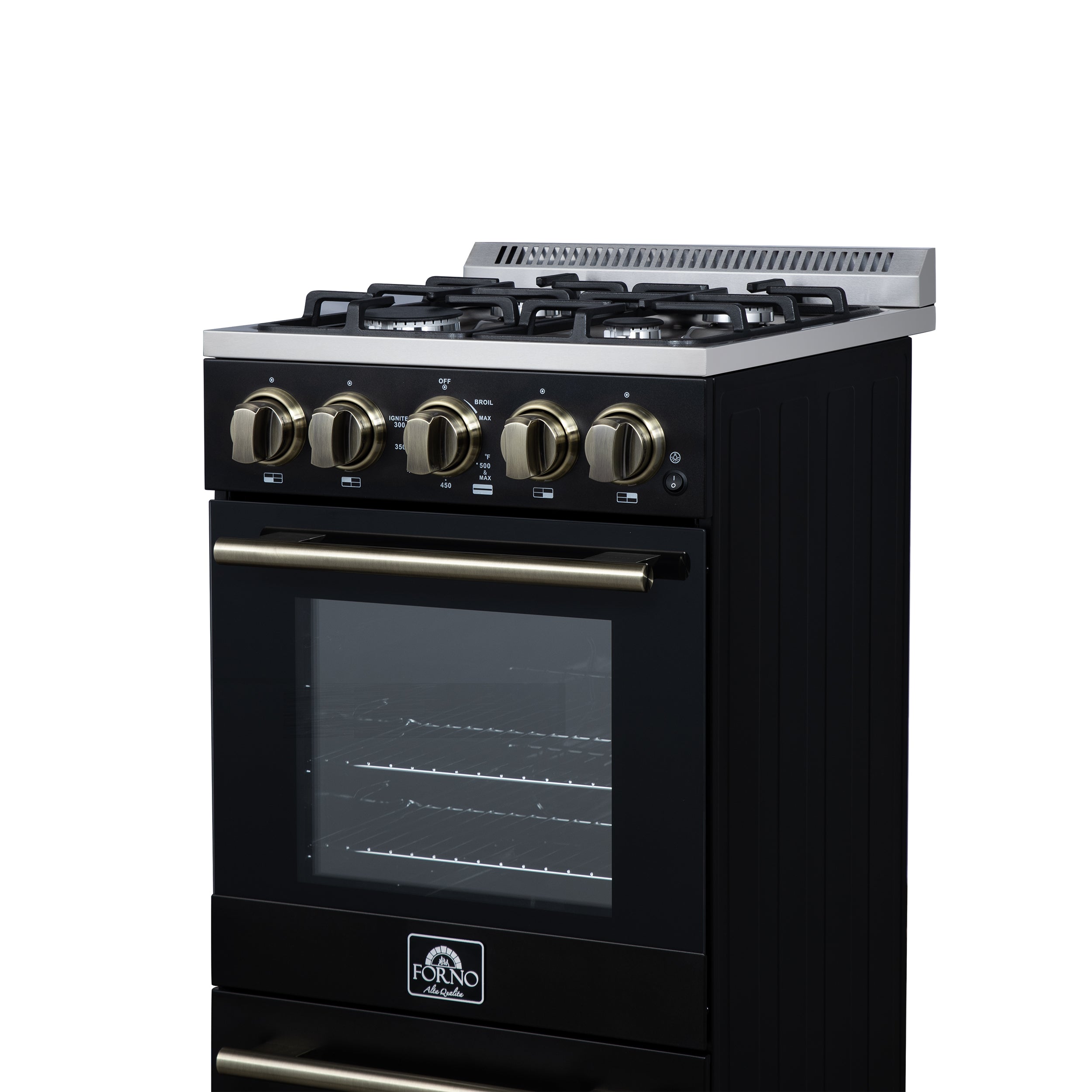 Forno Lamazze 20 in. 2.05 cu.ft. Black Gas Range with 4 Burners, Storage Drawer and Antique Brass Accents | FFSGS6265-20BLK