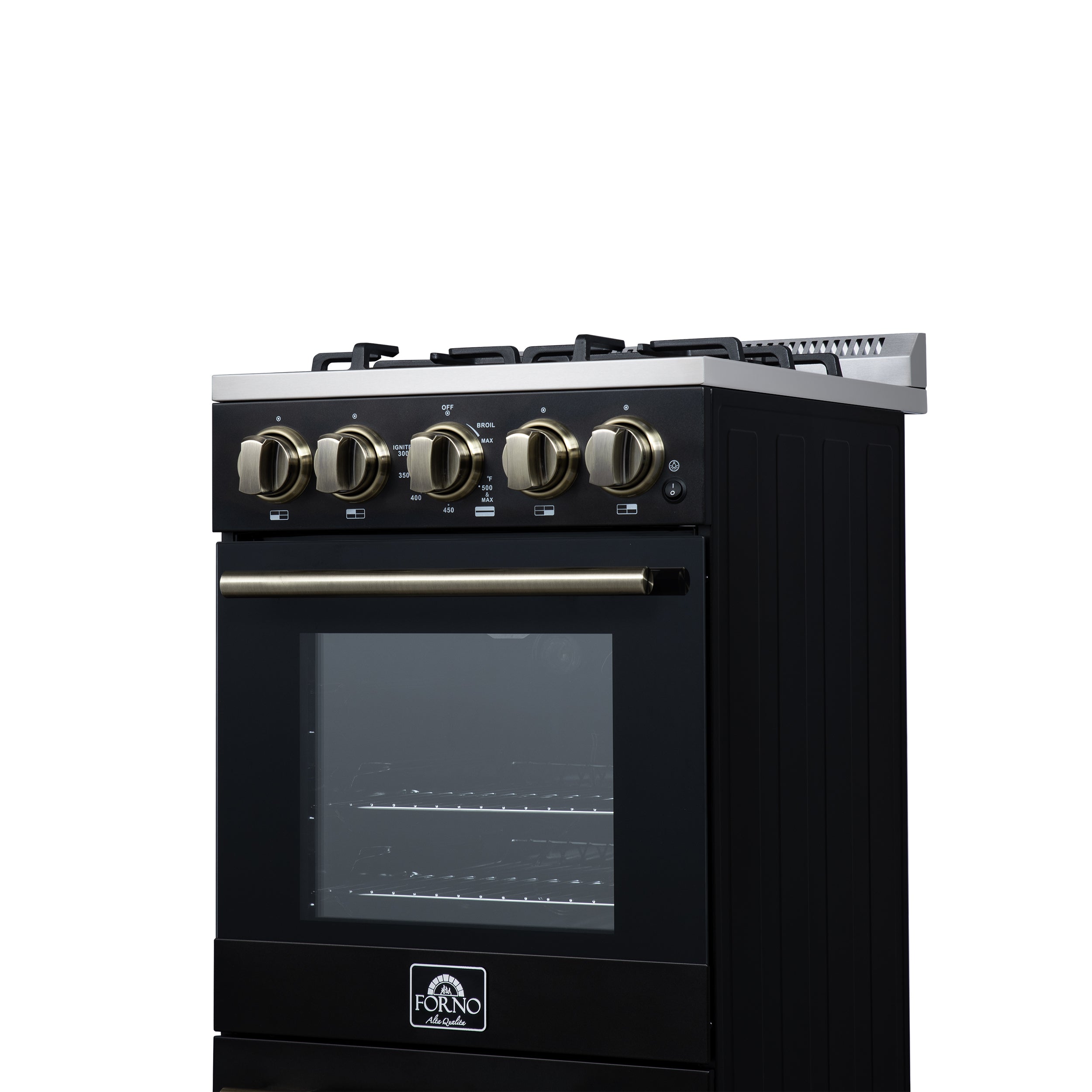 Forno Lamazze 20 in. 2.05 cu.ft. Black Gas Range with 4 Burners, Storage Drawer and Antique Brass Accents | FFSGS6265-20BLK