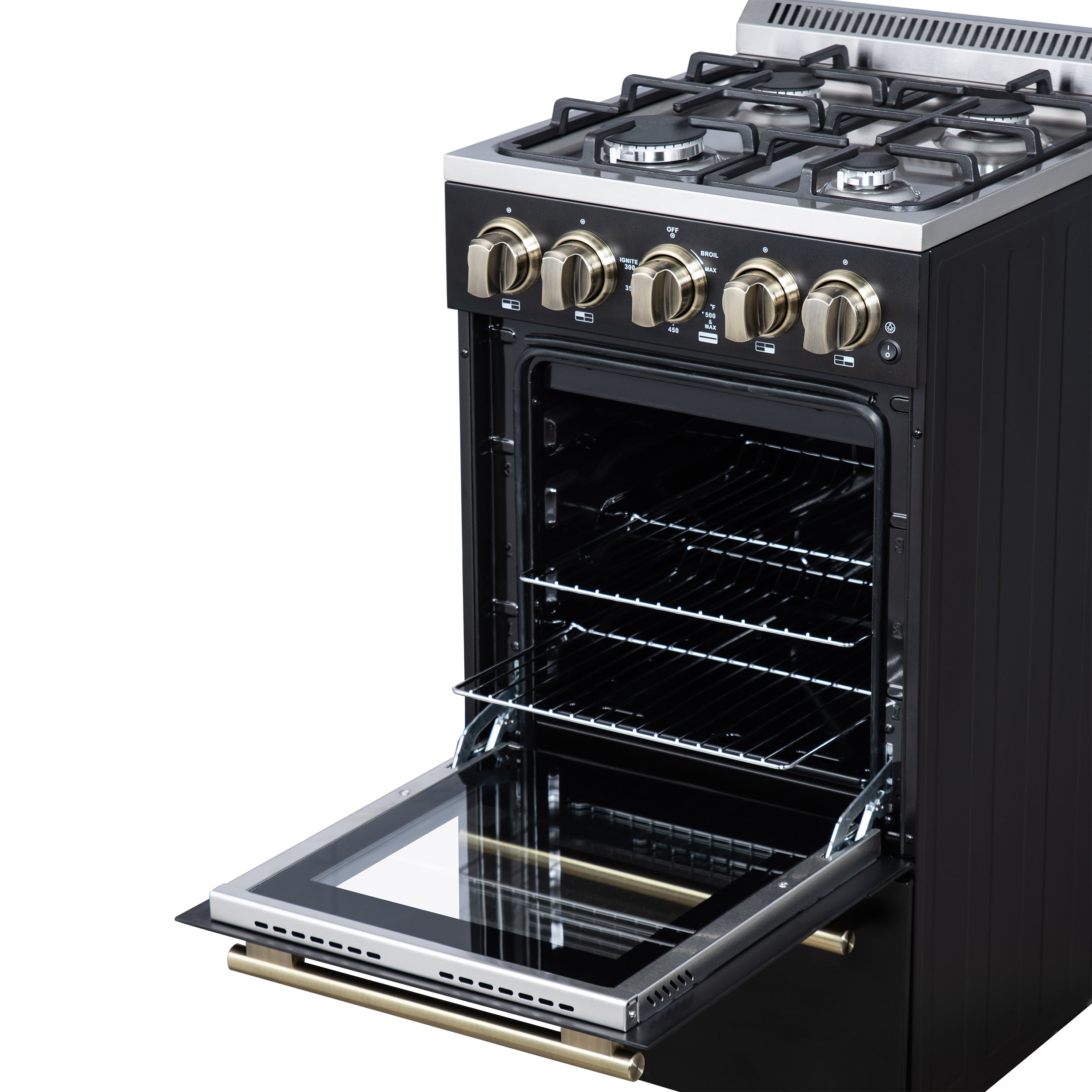 Forno Lamazze 20 in. 2.05 cu.ft. Black Gas Range with 4 Burners, Storage Drawer and Antique Brass Accents | FFSGS6265-20BLK