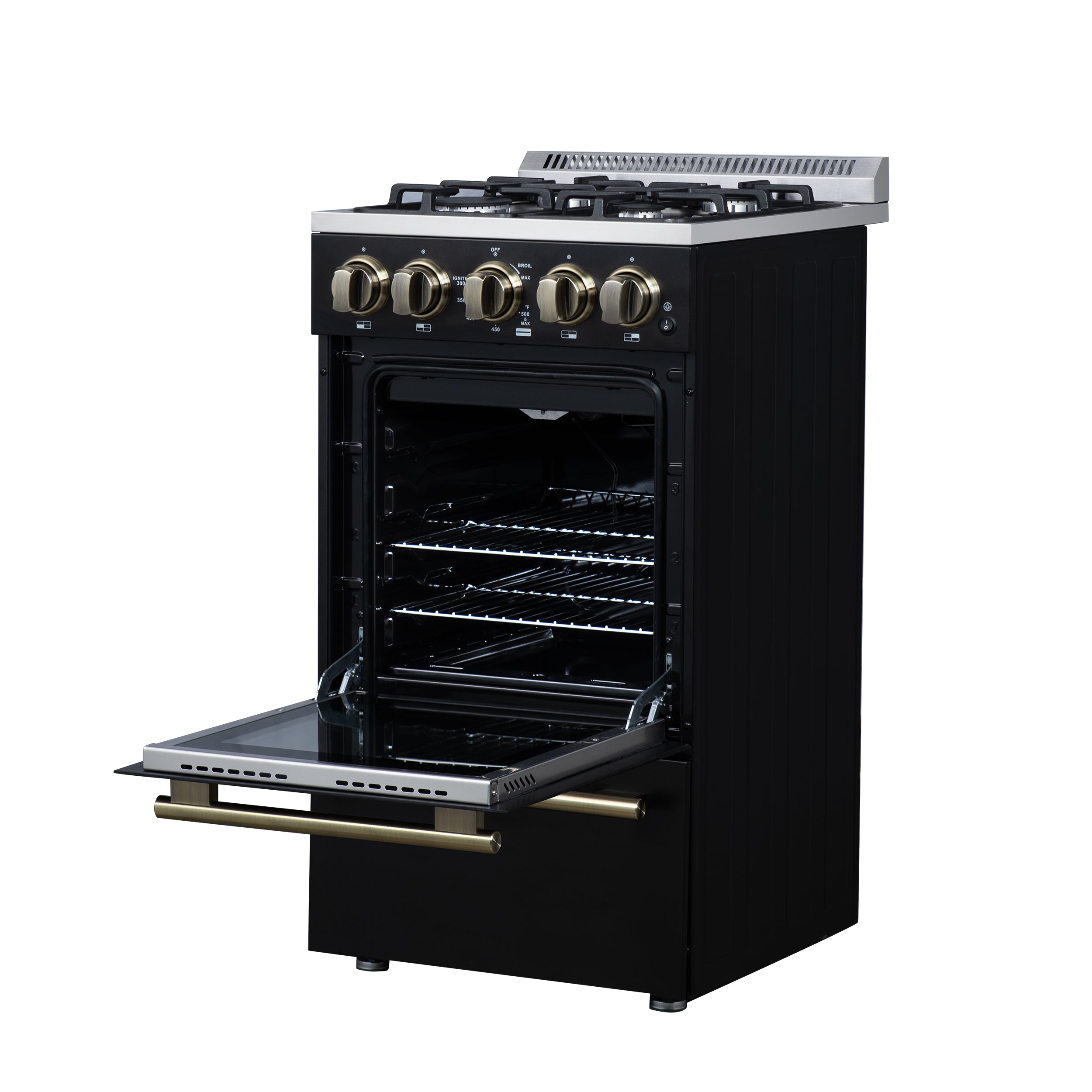 Forno Lamazze 20 in. 2.05 cu.ft. Black Gas Range with 4 Burners, Storage Drawer and Antique Brass Accents | FFSGS6265-20BLK