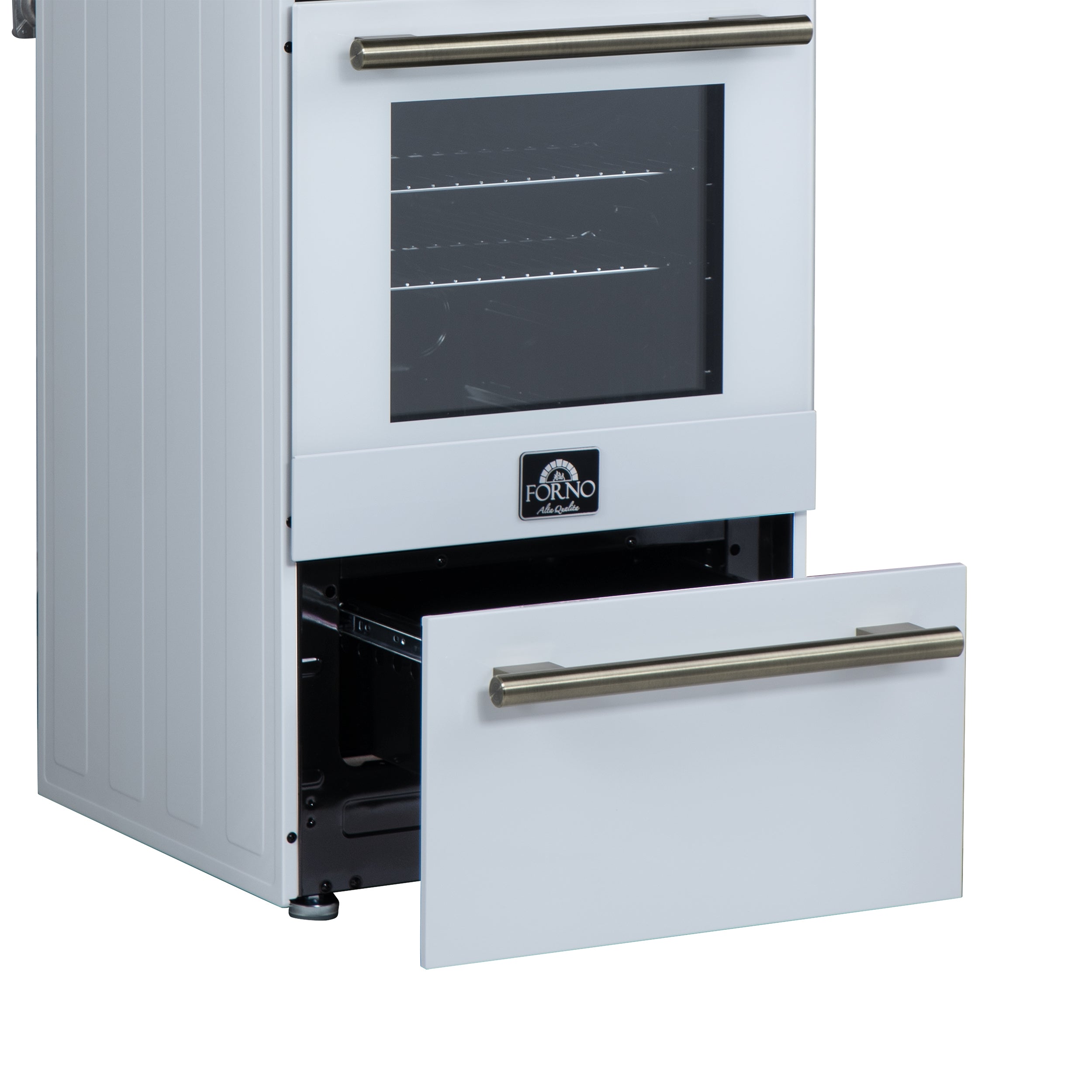 Forno Lamazze 20 in. 2.05 cu.ft. White Gas Range with 4 Burners, Storage Drawer and Antique Brass Accents | FFSGS6265-20WHT