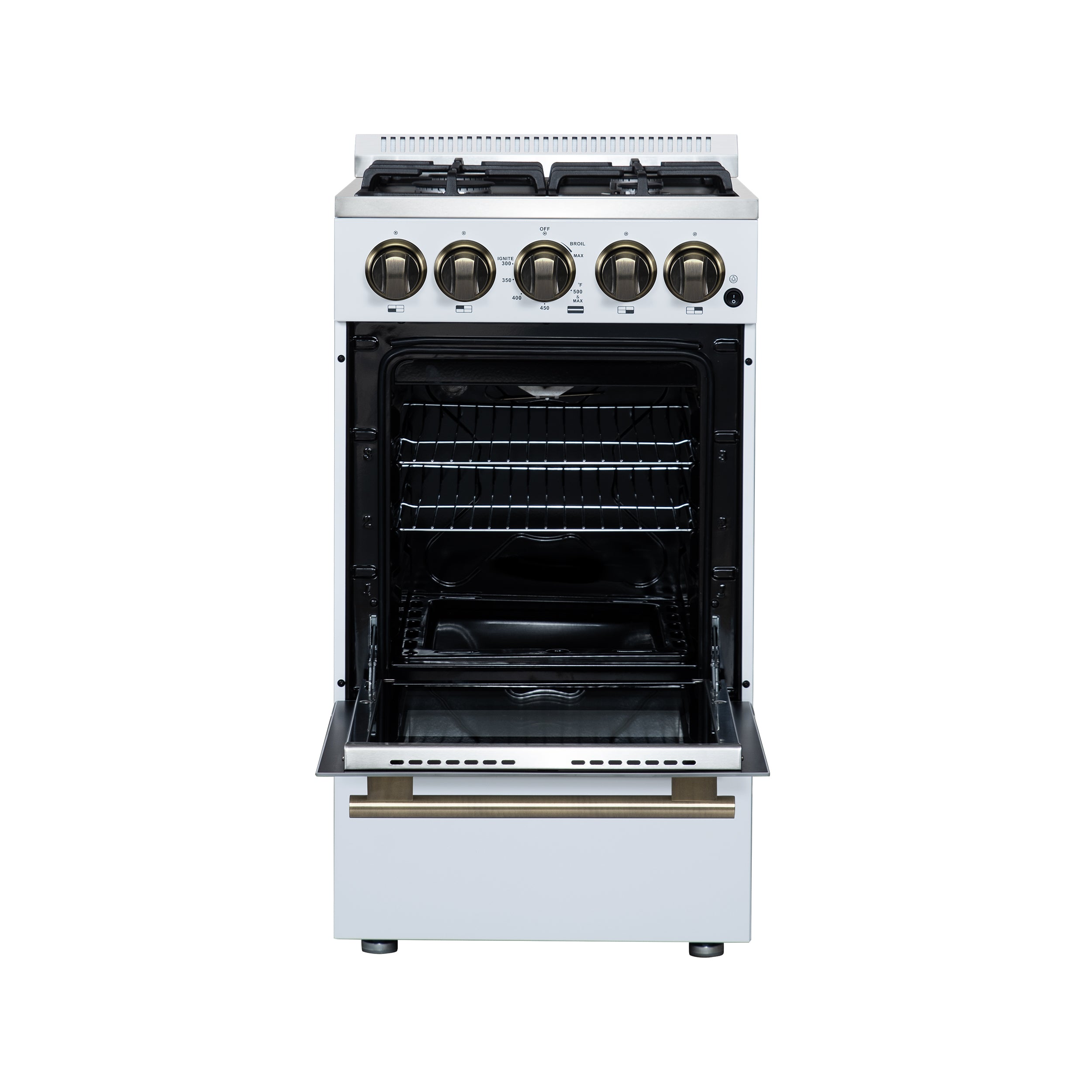 Forno Lamazze 20 in. 2.05 cu.ft. White Gas Range with 4 Burners, Storage Drawer and Antique Brass Accents | FFSGS6265-20WHT