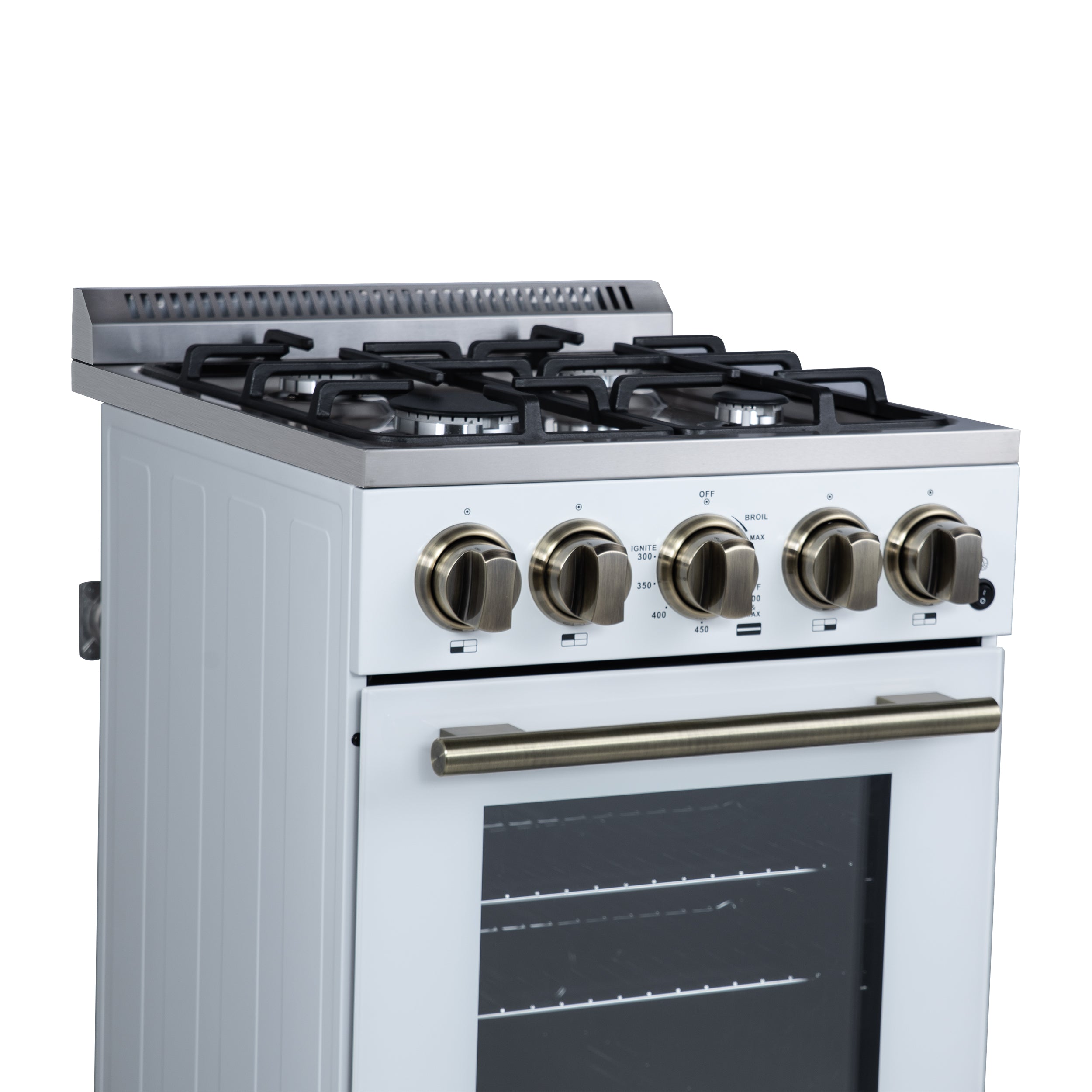Forno Lamazze 20 in. 2.05 cu.ft. White Gas Range with 4 Burners, Storage Drawer and Antique Brass Accents | FFSGS6265-20WHT
