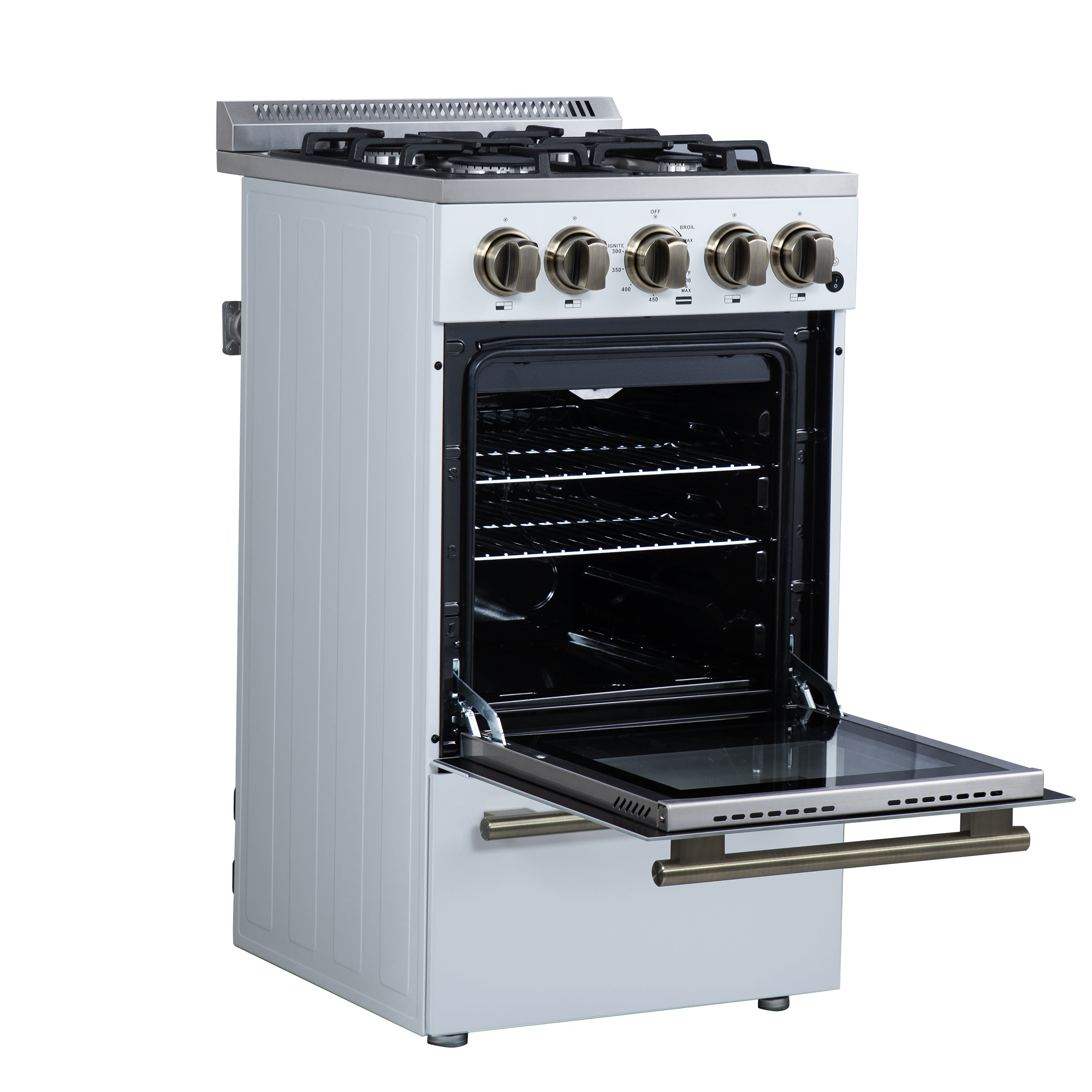 Forno Lamazze 20 in. 2.05 cu.ft. White Gas Range with 4 Burners, Storage Drawer and Antique Brass Accents | FFSGS6265-20WHT