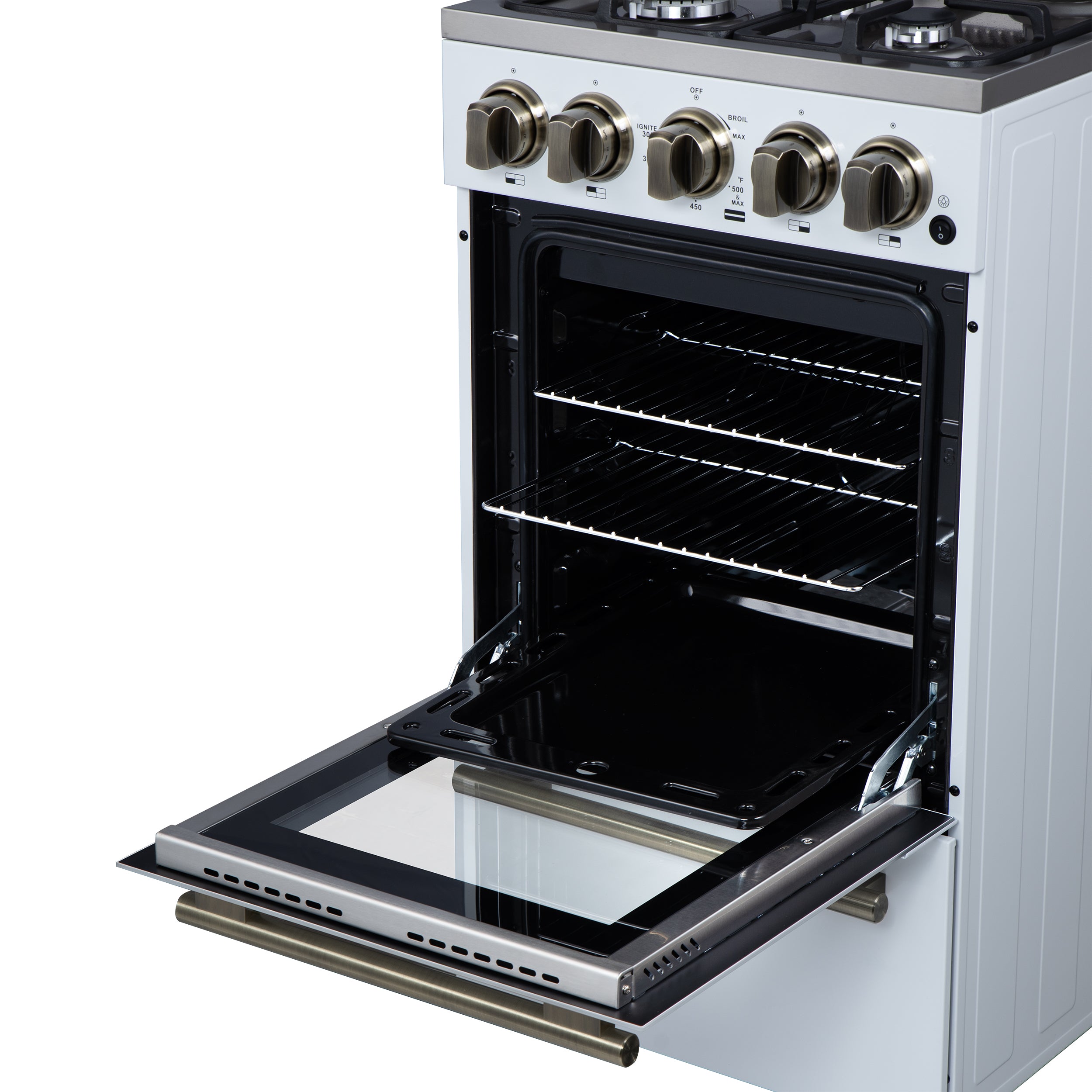 Forno Lamazze 20 in. 2.05 cu.ft. White Gas Range with 4 Burners, Storage Drawer and Antique Brass Accents | FFSGS6265-20WHT