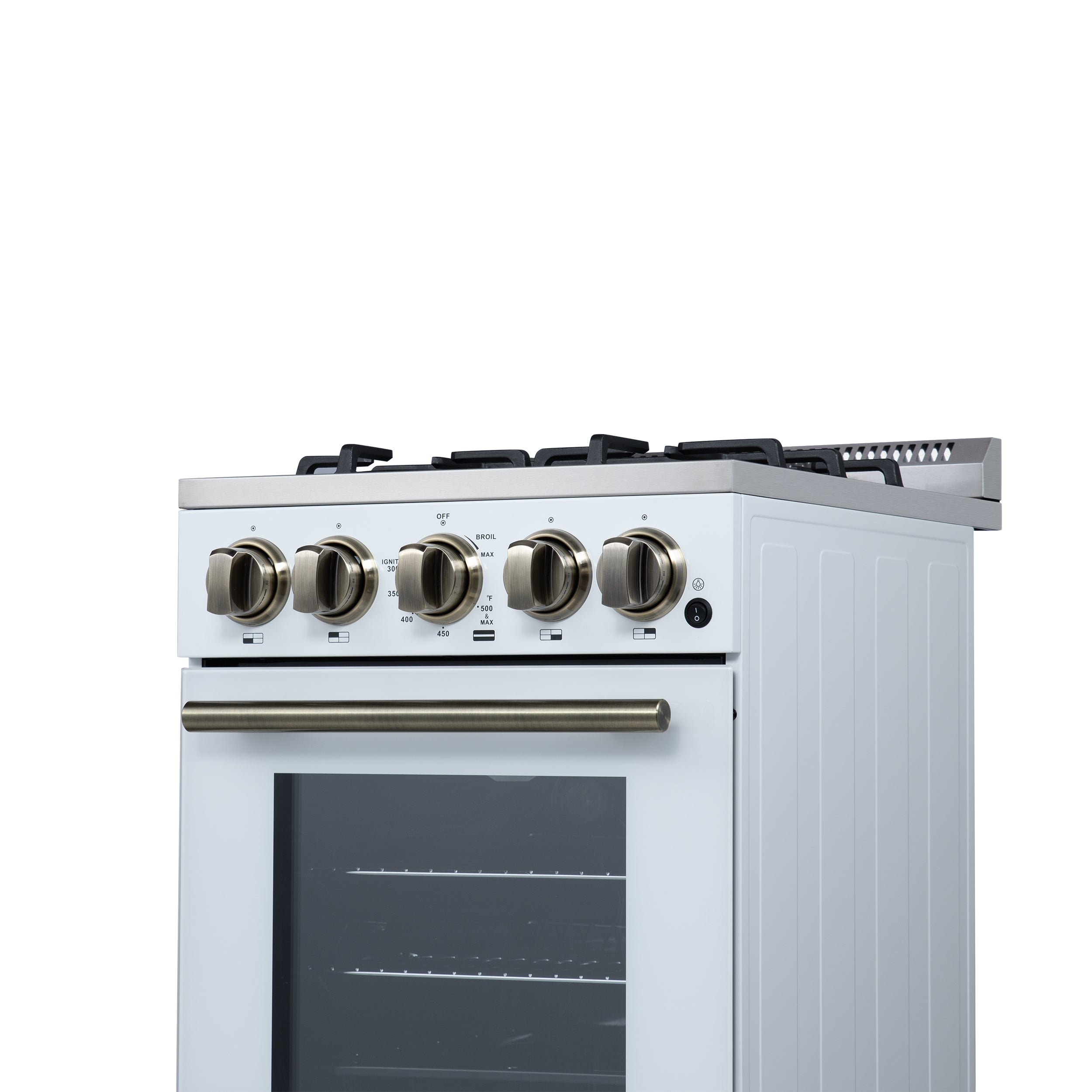 Forno Lamazze 20 in. 2.05 cu.ft. White Gas Range with 4 Burners, Storage Drawer and Antique Brass Accents | FFSGS6265-20WHT