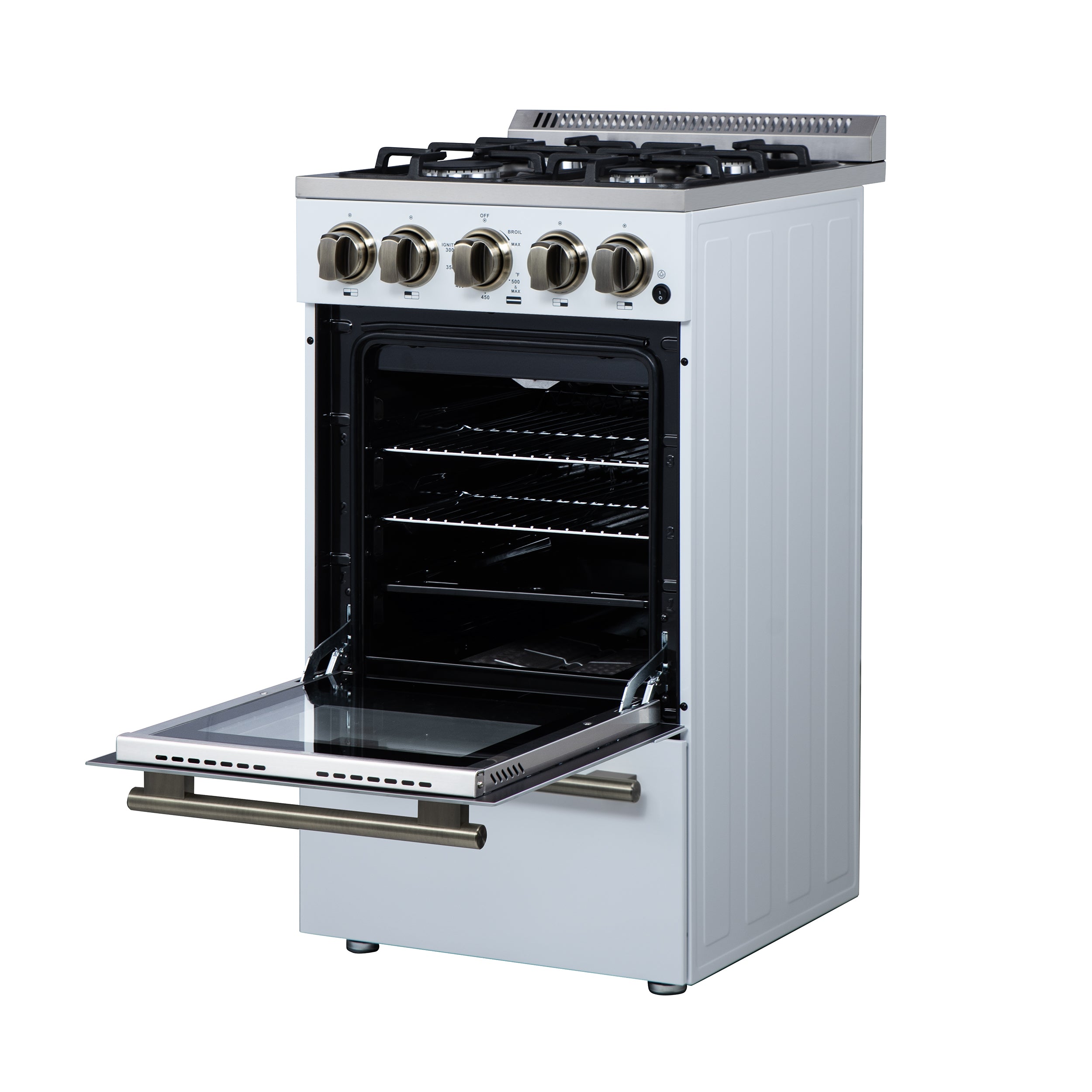 Forno Lamazze 20 in. 2.05 cu.ft. White Gas Range with 4 Burners, Storage Drawer and Antique Brass Accents | FFSGS6265-20WHT