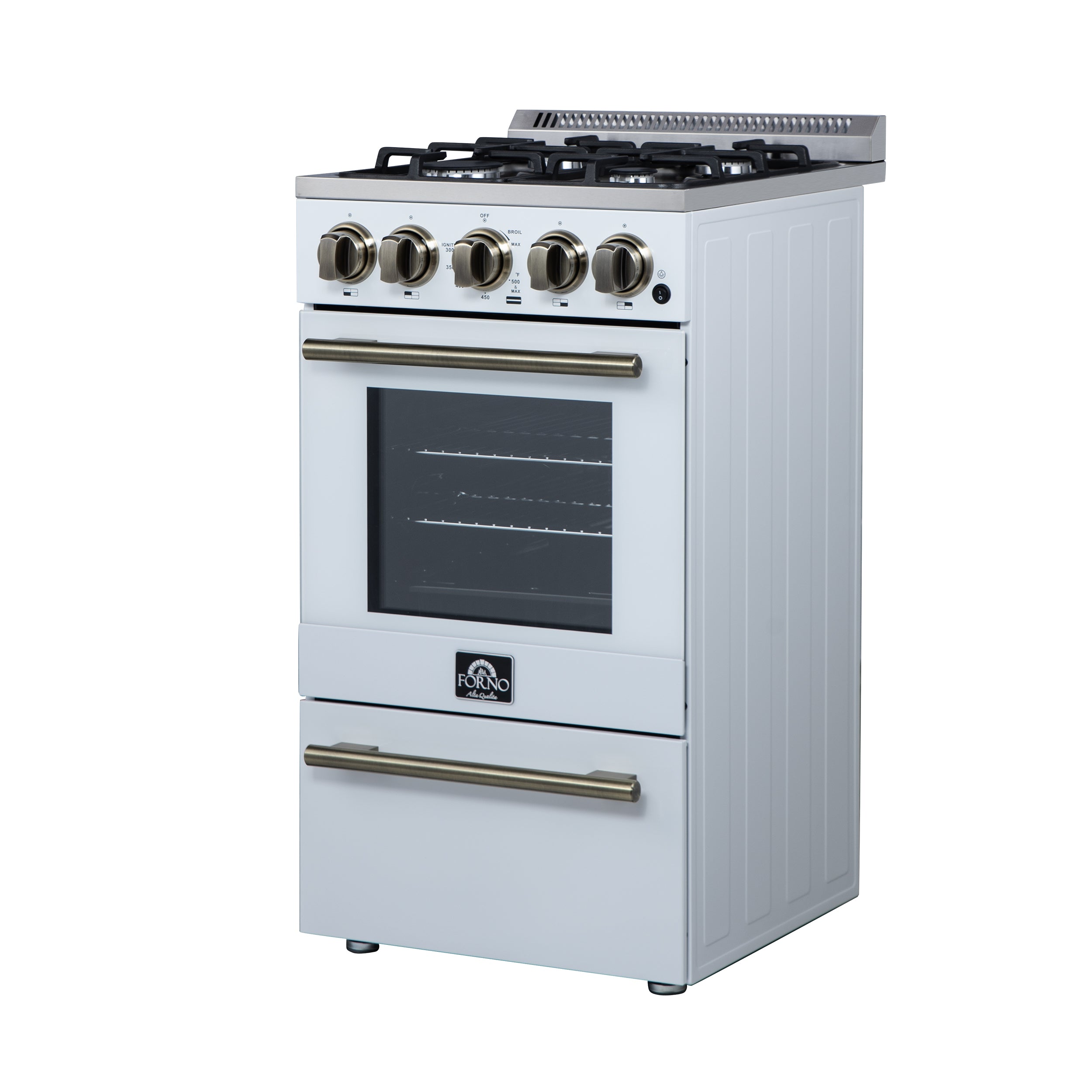 Forno Lamazze 20 in. 2.05 cu.ft. White Gas Range with 4 Burners, Storage Drawer and Antique Brass Accents | FFSGS6265-20WHT