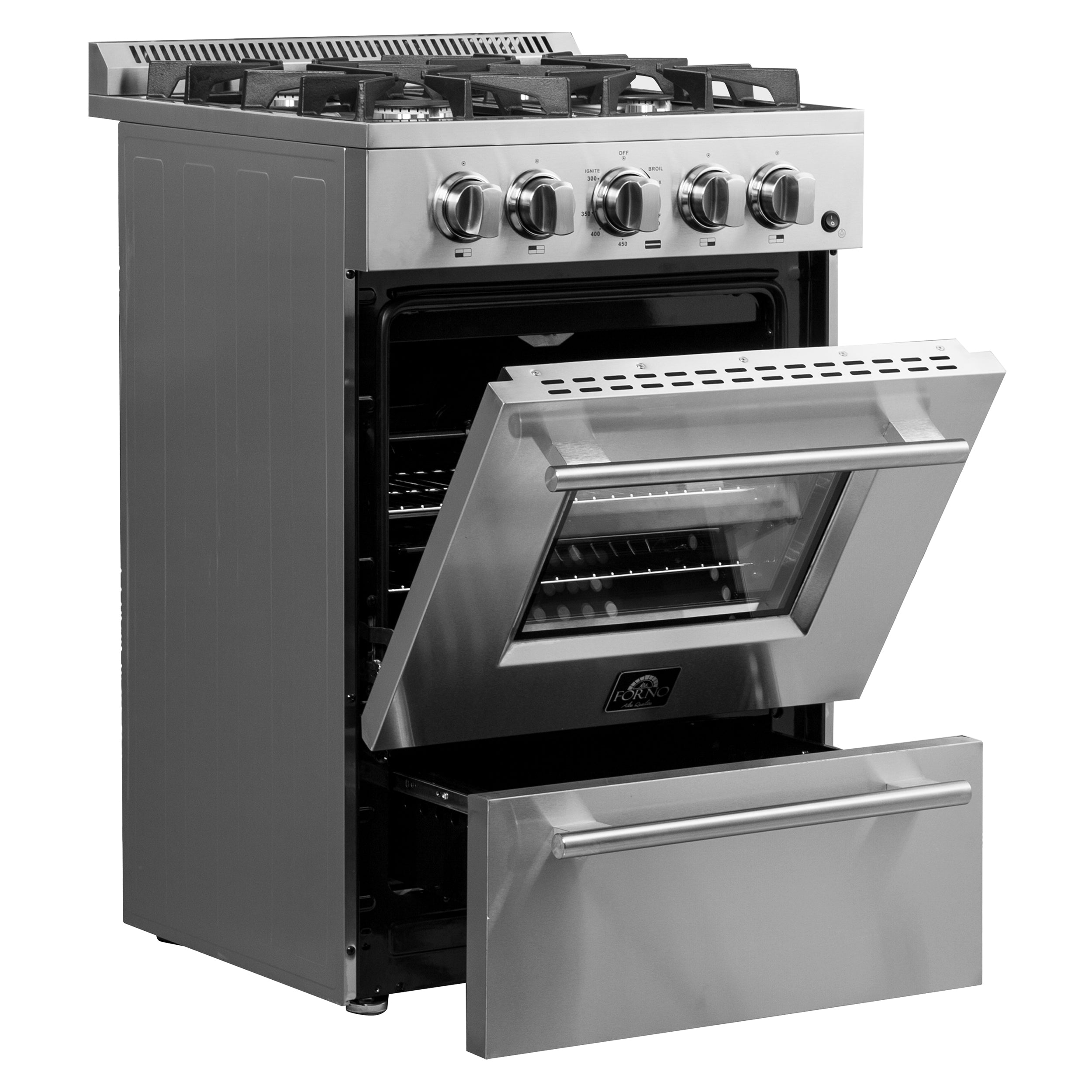 Forno Breno 24 in. 2.3 cu.ft. Stainless Steel Gas Range with 4 Burners, Air Fry Kit and Storage Drawer | FFSGS6272-24