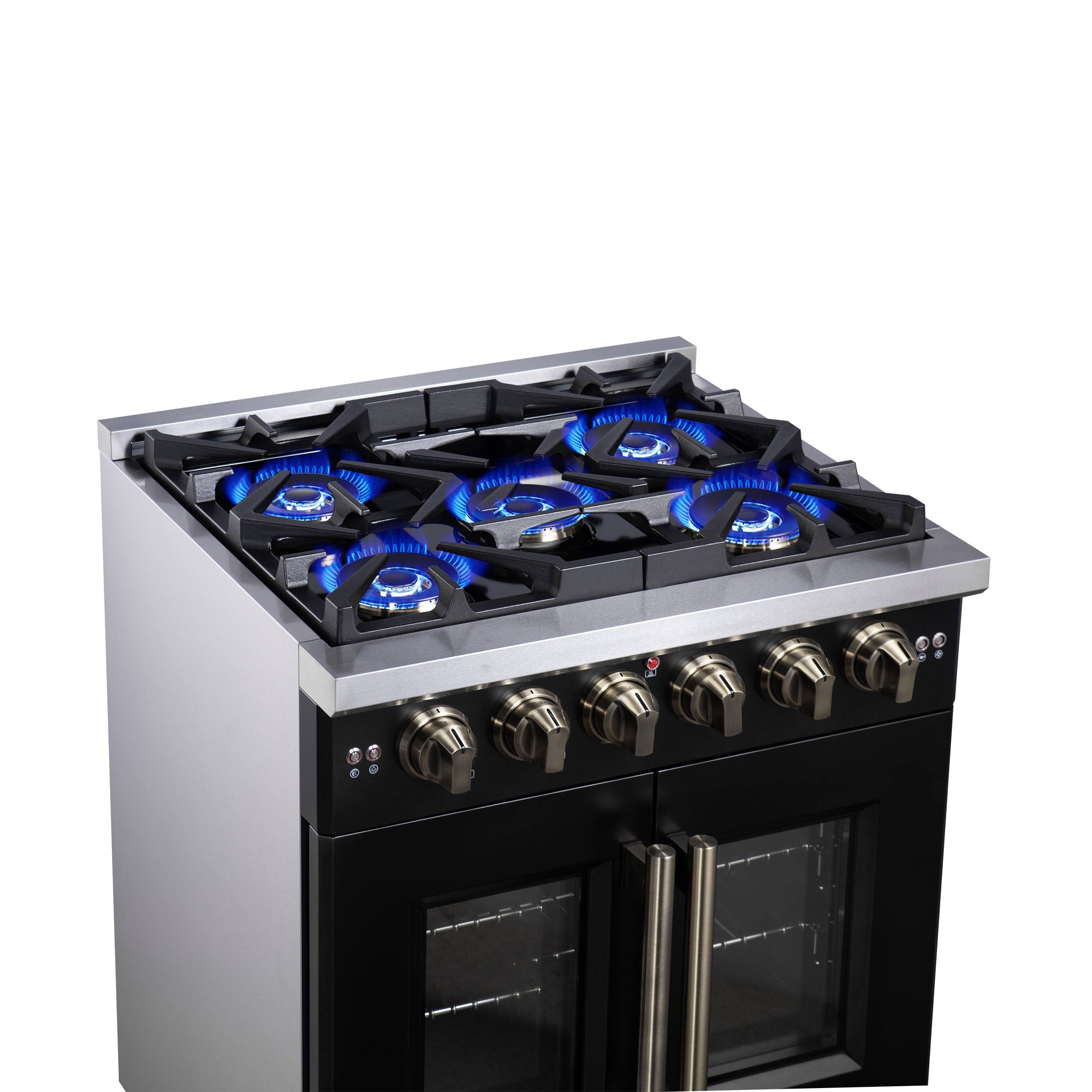 Forno Capriasca 30 in. 4.32 cu. ft. 5-Burner Black French Door Gas Range with Antique brass Accents | FFSGS6460-30BLK