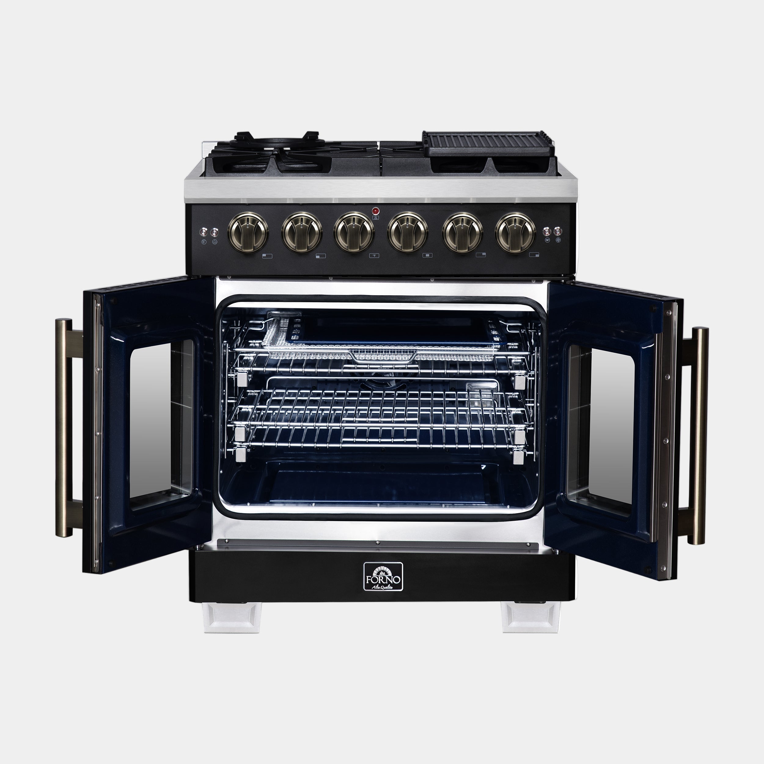 Forno Capriasca 30 in. 4.32 cu. ft. 5-Burner Black French Door Gas Range with Antique brass Accents | FFSGS6460-30BLK