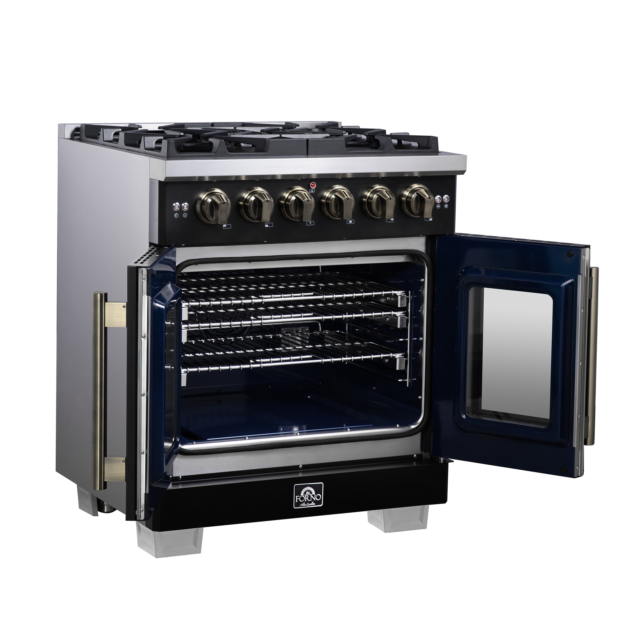 Forno Capriasca 30 in. 4.32 cu. ft. 5-Burner Black French Door Gas Range with Antique brass Accents | FFSGS6460-30BLK