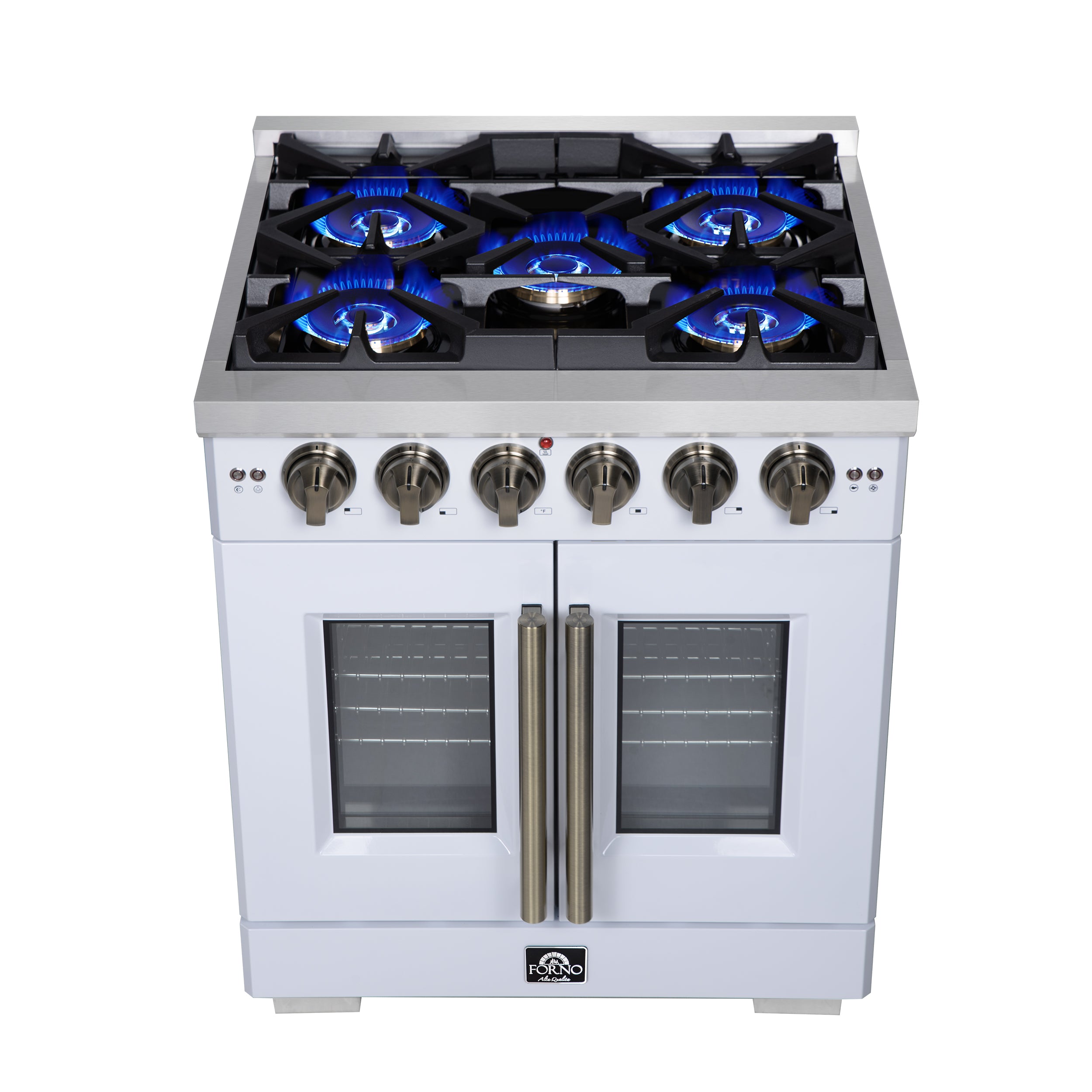 Forno Capriasca 30 in. 4.32 cu. ft. 5-Burner White French Door Gas Range with Antique brass Accents | FFSGS6460-30WHT