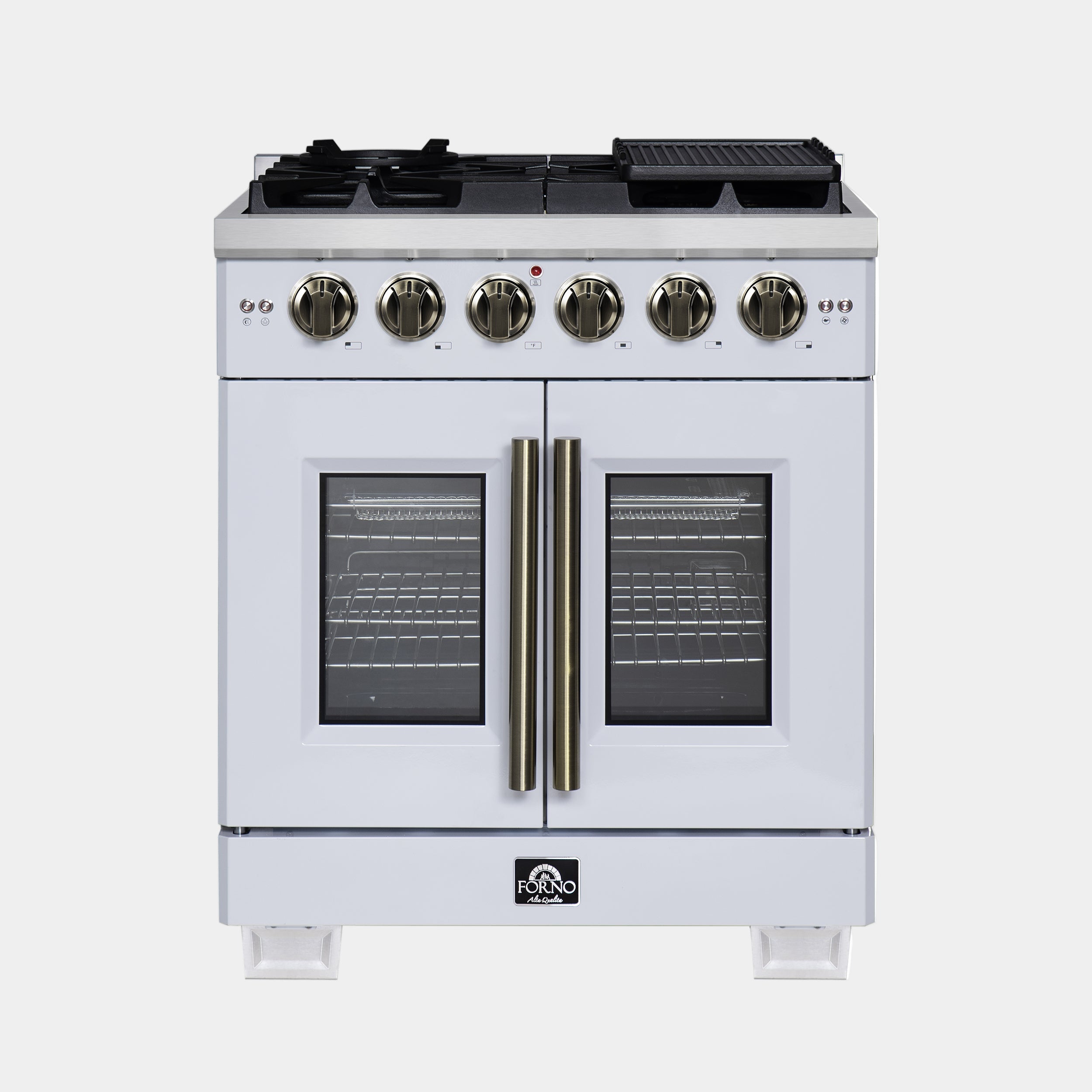Forno Capriasca 30 in. 4.32 cu. ft. 5-Burner White French Door Gas Range with Antique brass Accents | FFSGS6460-30WHT