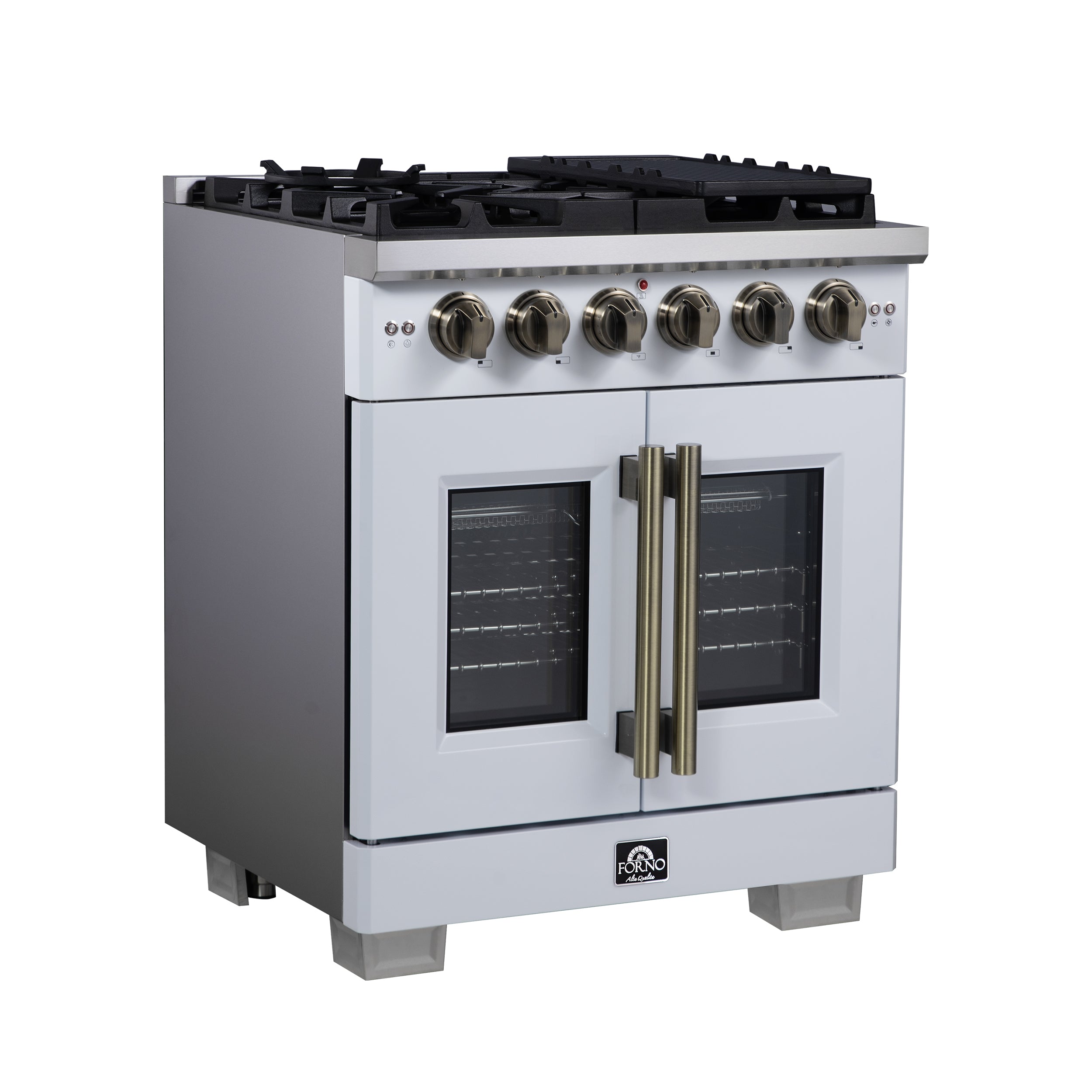 Forno Capriasca 30 in. 4.32 cu. ft. 5-Burner White French Door Gas Range with Antique brass Accents | FFSGS6460-30WHT
