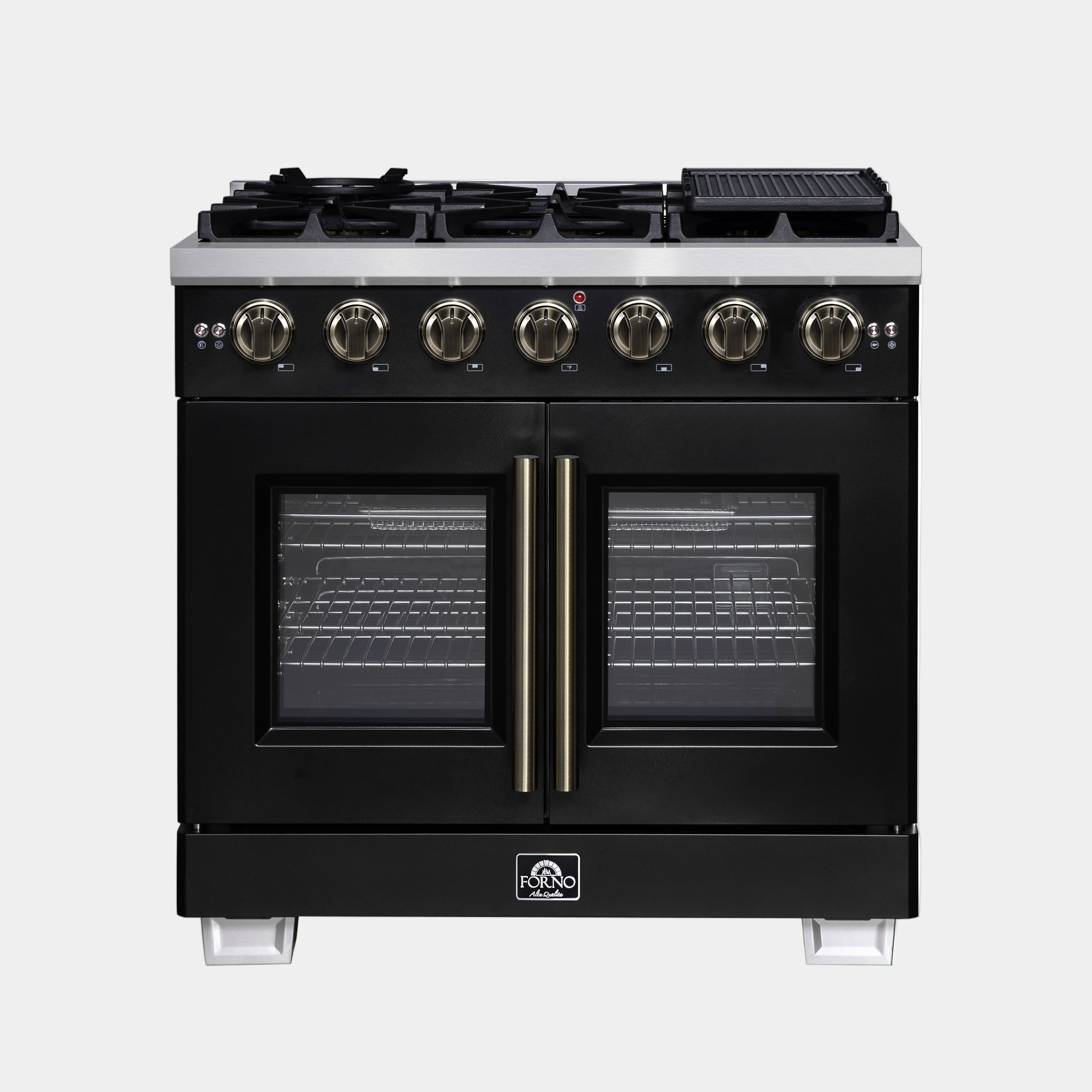 Forno Capriasca 36 in. 5.36 cu. ft. 6-Burner Black French Door Gas Range with Antique brass Accents | FFSGS6460-36BLK
