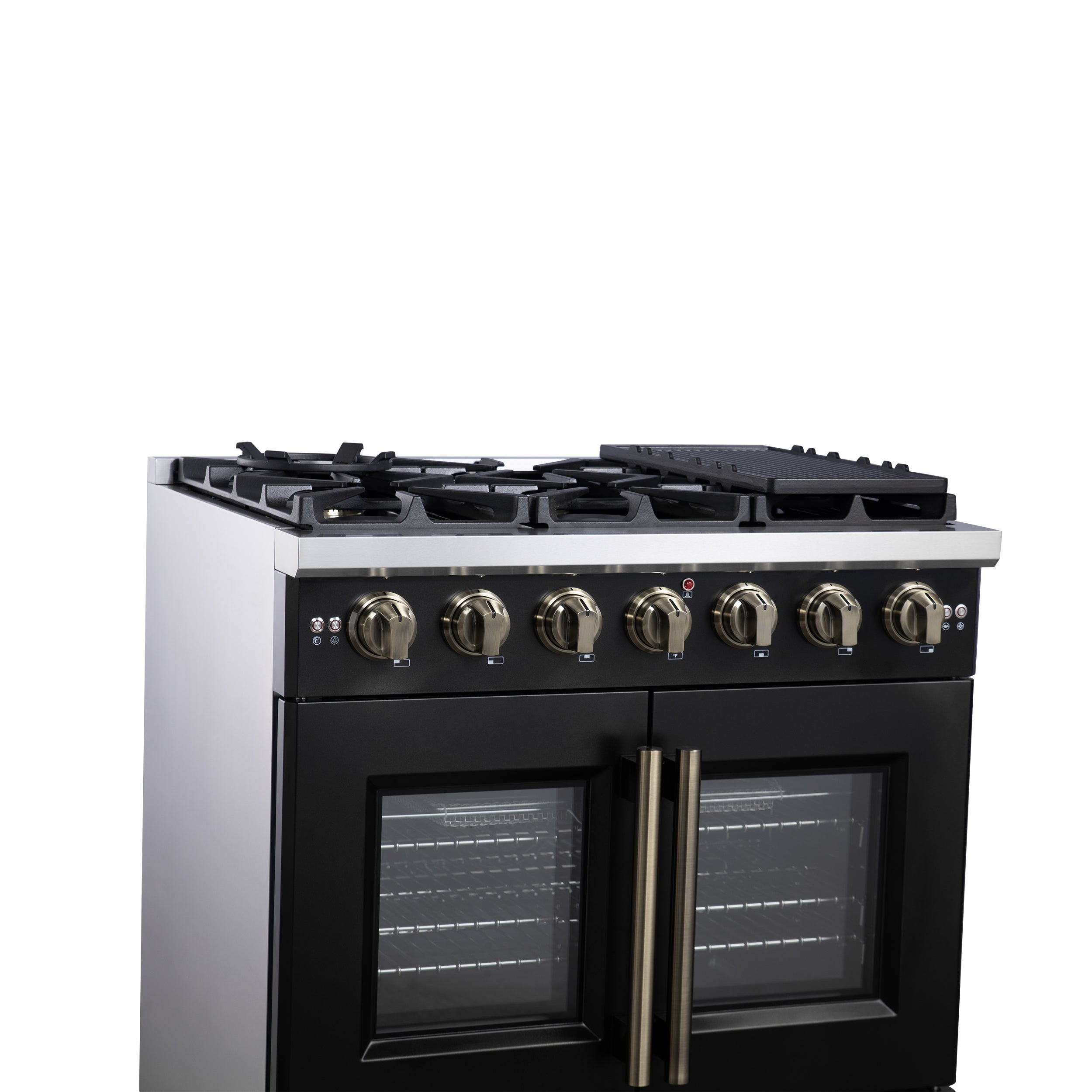 Forno Capriasca 36 in. 5.36 cu. ft. 6-Burner Black French Door Gas Range with Antique brass Accents | FFSGS6460-36BLK
