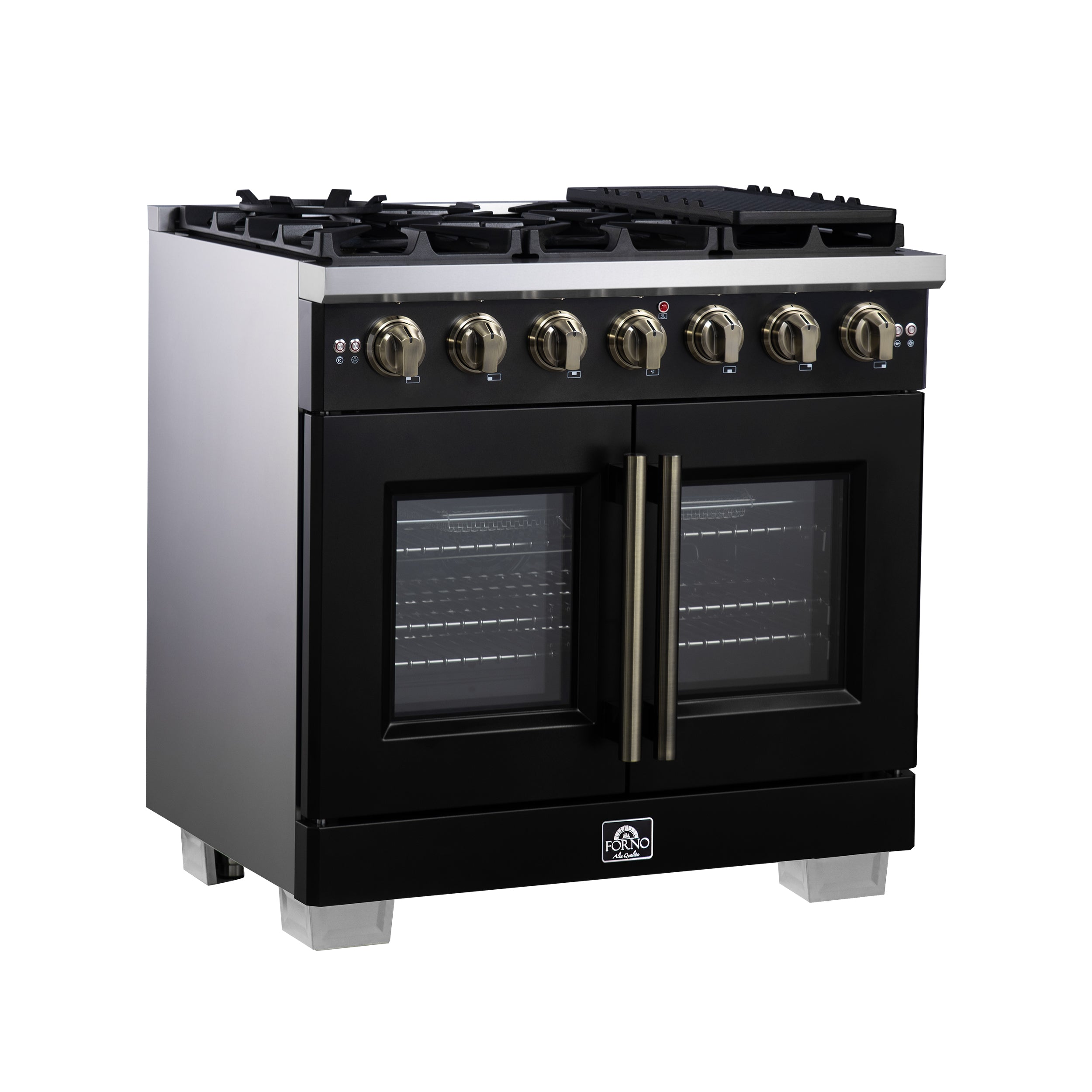 Forno Capriasca 36 in. 5.36 cu. ft. 6-Burner Black French Door Gas Range with Antique brass Accents | FFSGS6460-36BLK