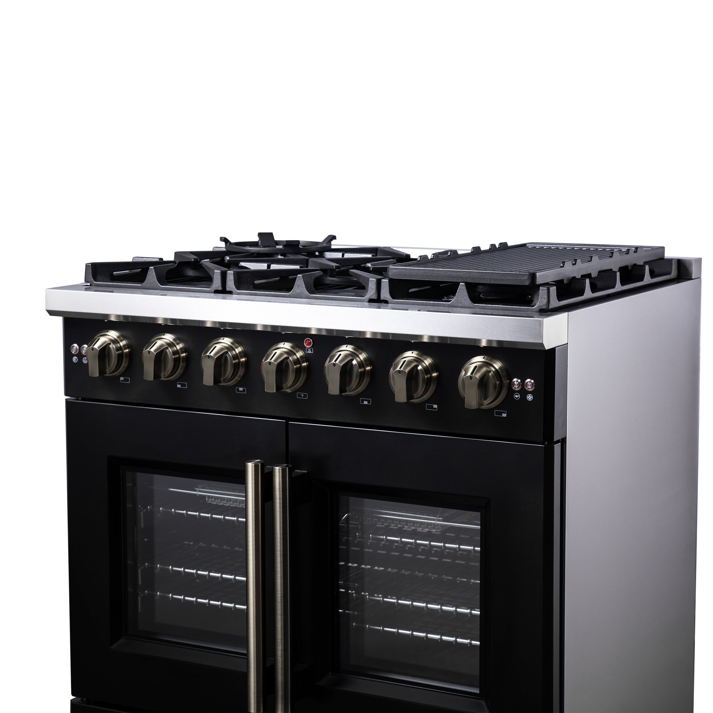 Forno Capriasca 36 in. 5.36 cu. ft. 6-Burner Black French Door Gas Range with Antique brass Accents | FFSGS6460-36BLK