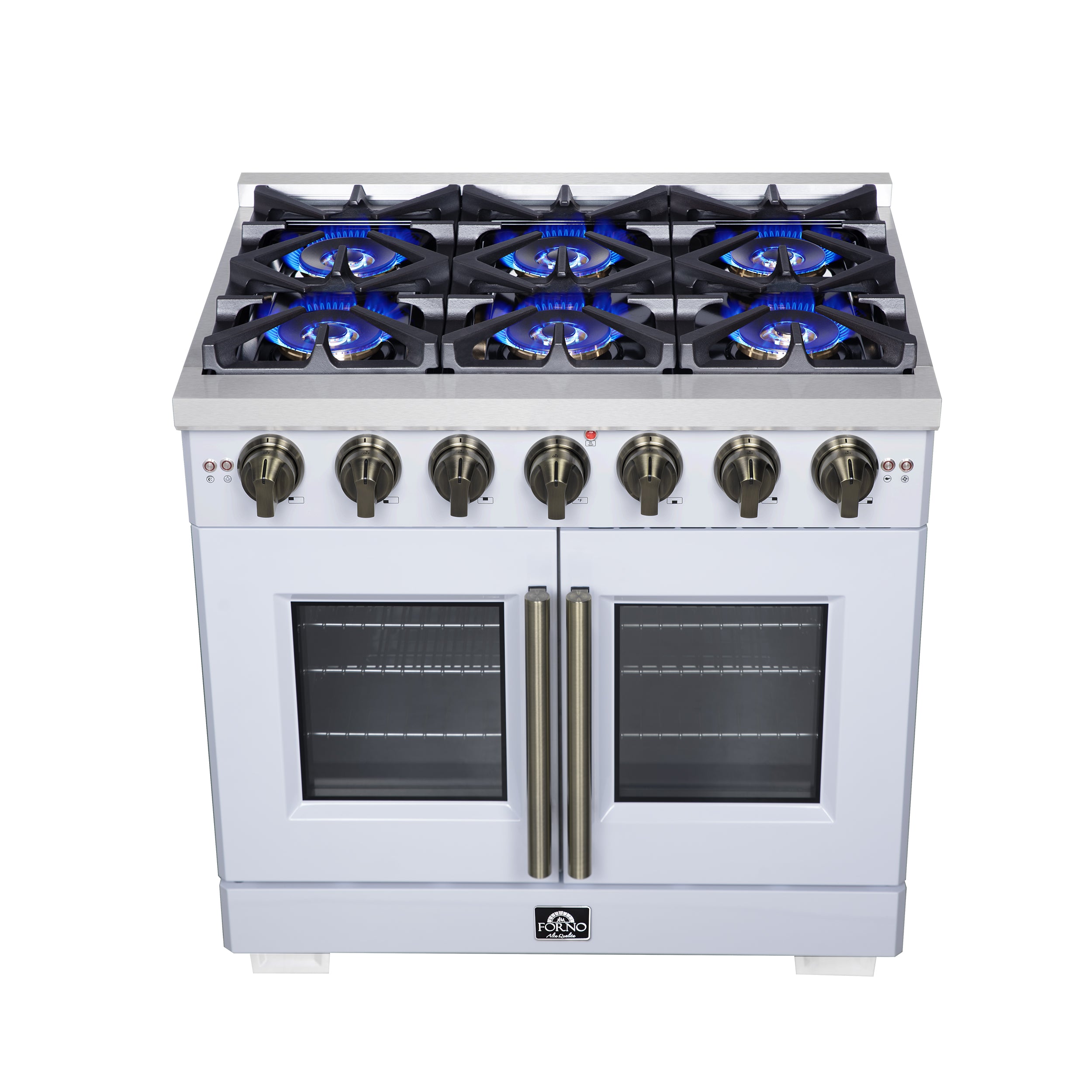 Forno Capriasca 36 in. 5.36 cu. ft. 6-Burner White French Door Gas Range with Antique brass Accents | FFSGS6460-36WHT