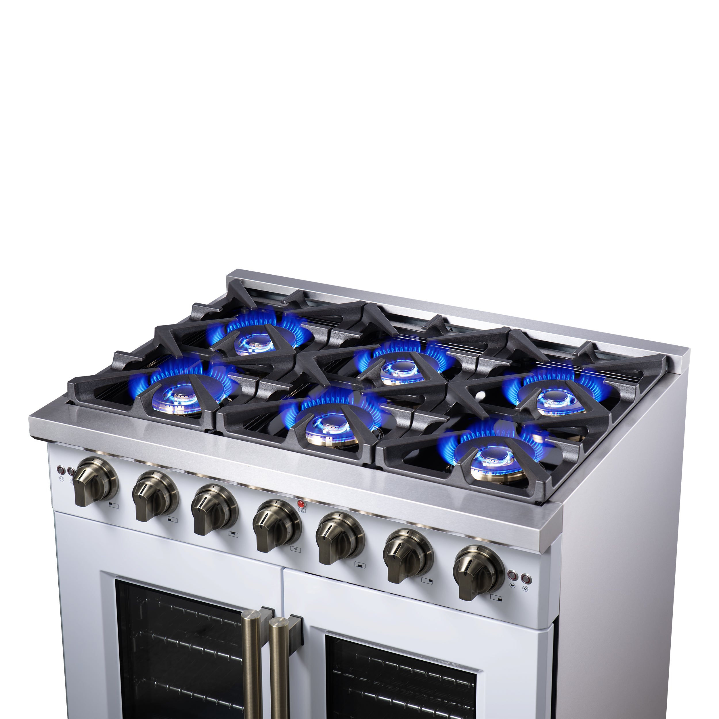 Forno Capriasca 36 in. 5.36 cu. ft. 6-Burner White French Door Gas Range with Antique brass Accents | FFSGS6460-36WHT