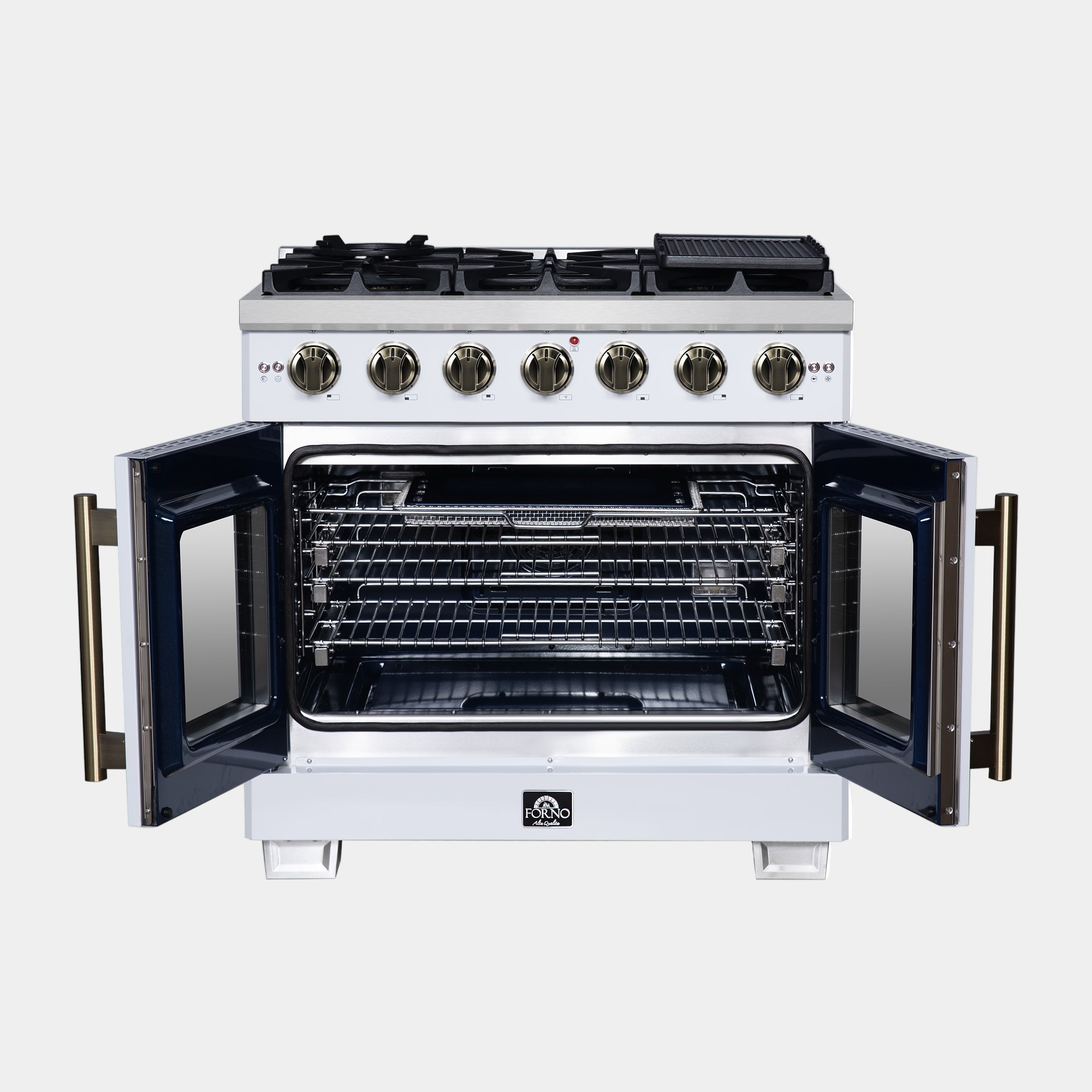 Forno Capriasca 36 in. 5.36 cu. ft. 6-Burner White French Door Gas Range with Antique brass Accents | FFSGS6460-36WHT