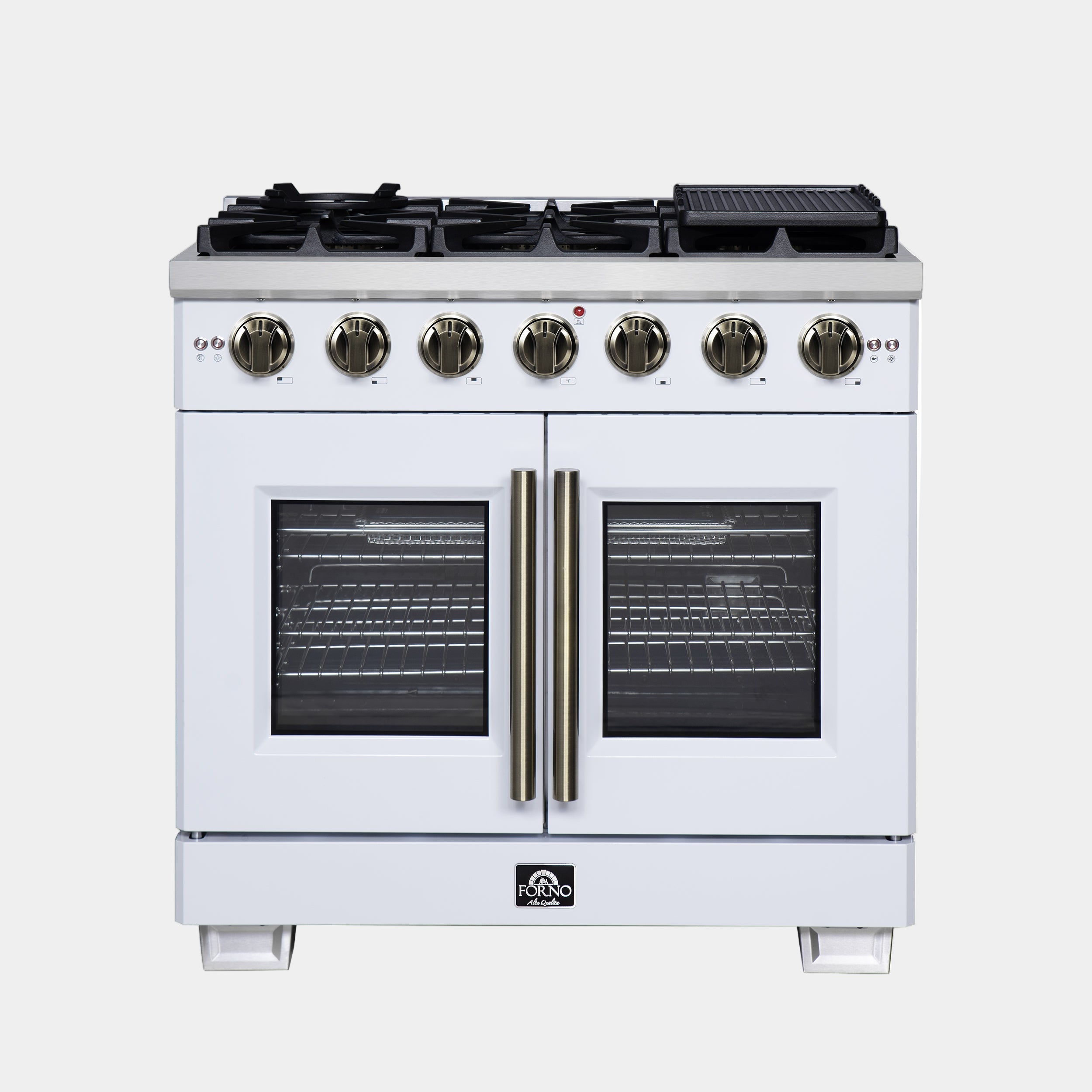 Forno Capriasca 36 in. 5.36 cu. ft. 6-Burner White French Door Gas Range with Antique brass Accents | FFSGS6460-36WHT
