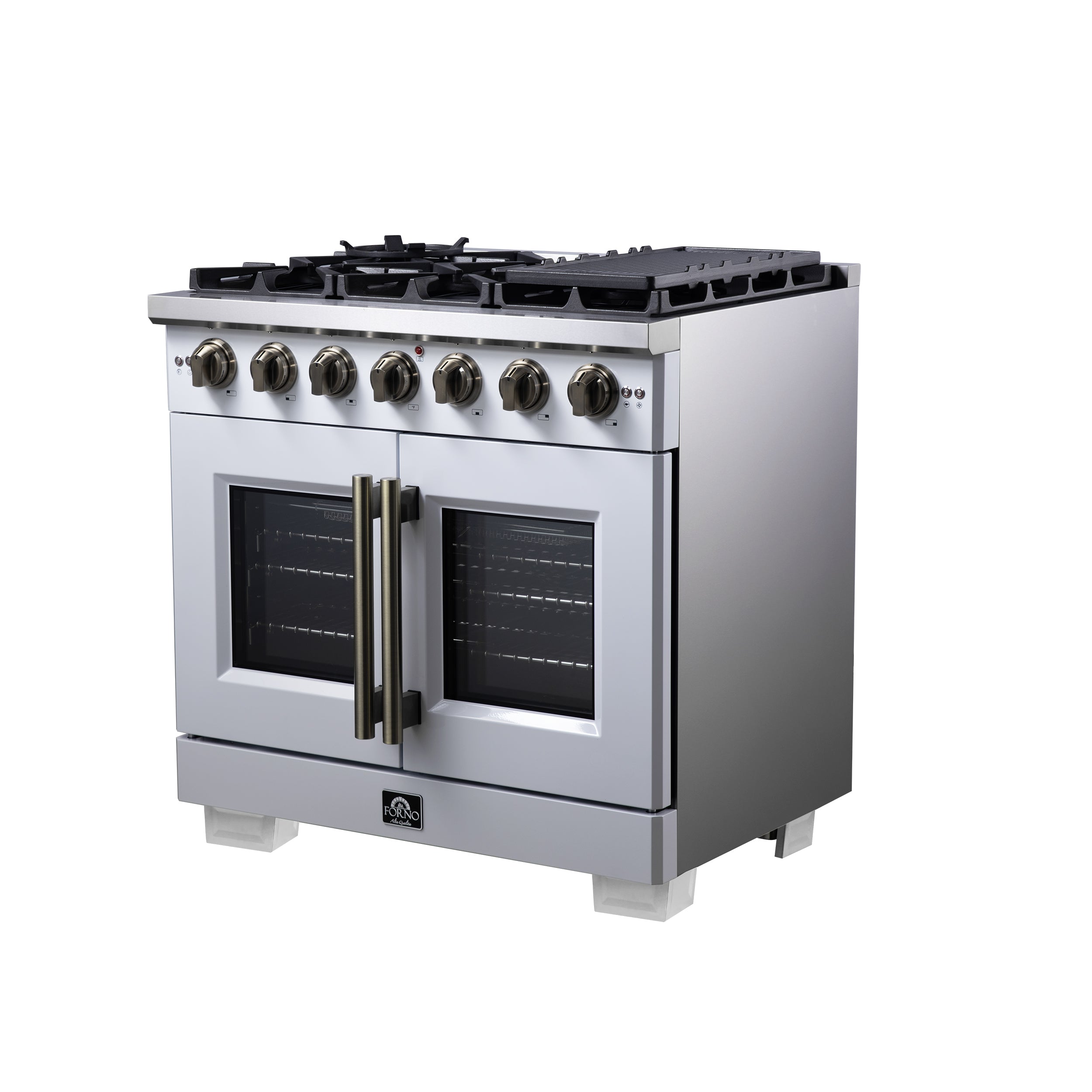 Forno Capriasca 36 in. 5.36 cu. ft. 6-Burner White French Door Gas Range with Antique brass Accents | FFSGS6460-36WHT