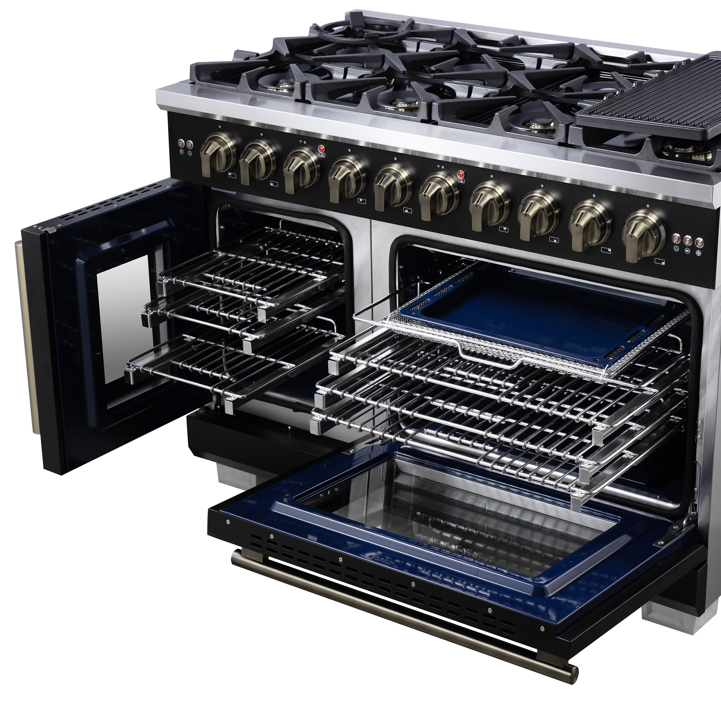 Forno Capriasca 48-Inch Black Freestanding French Door Gas Range, 8 Burners, Convection Oven, Energy Efficient