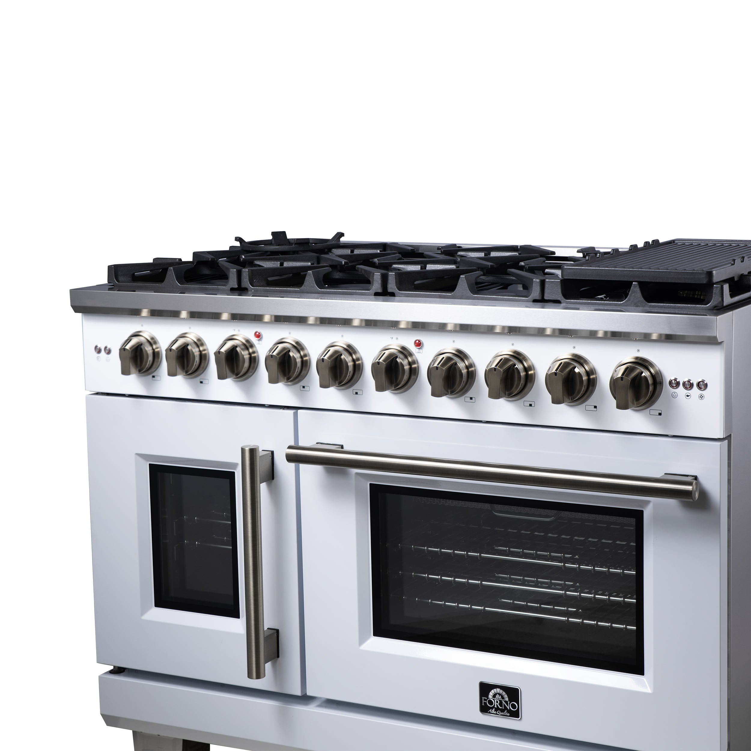 Forno Capriasca 48-Inch White Freestanding French Door Gas Range, 8 Burners, Convection Oven, Energy Efficient