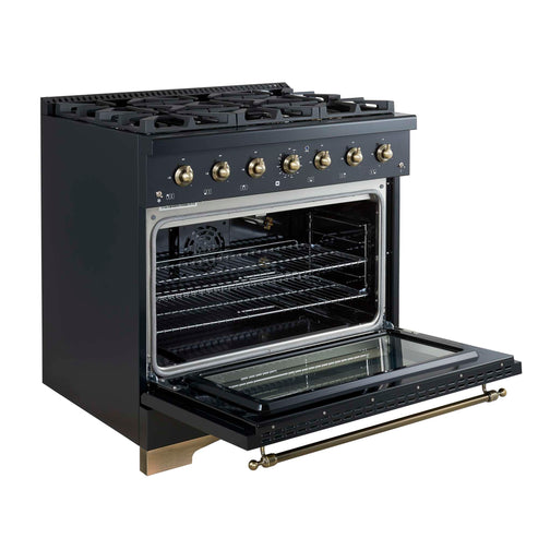 Forno Antico 36-Inch Freestanding Gas Range, Black, Antique Brass Design, 6 Burners, Convection Oven, Energy Efficient