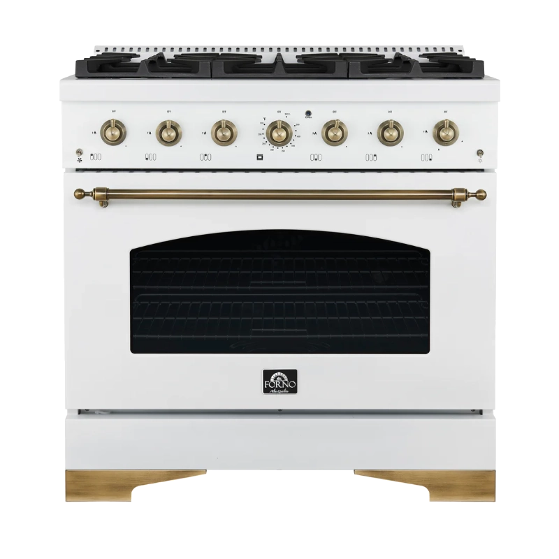 Forno Antico 36-Inch Freestanding Gas Range, White, Antique Brass Design, 6 Burners, Convection Oven, Energy Efficient