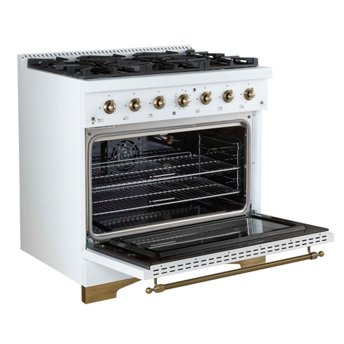 Forno Antico 36-Inch Freestanding Gas Range, White, Antique Brass Design, 6 Burners, Convection Oven, Energy Efficient