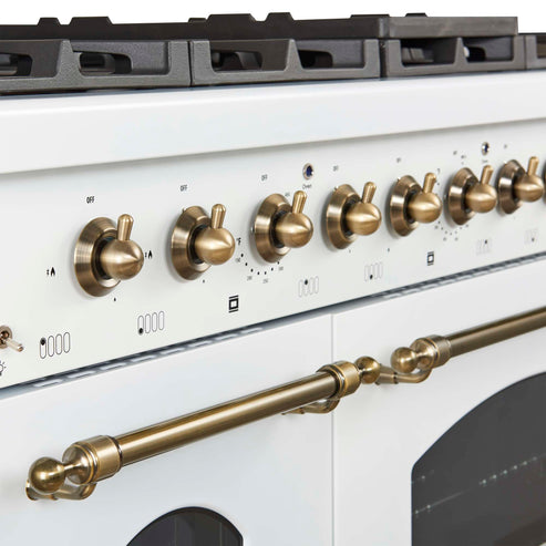 Forno Antico 48-Inch Freestanding Gas Range, White, Antique Brass Design, 8 Burners, Griddle, Double Ovens, Energy Efficient