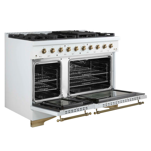 Forno Antico 48-Inch Freestanding Gas Range, White, Antique Brass Design, 8 Burners, Griddle, Double Ovens, Energy Efficient