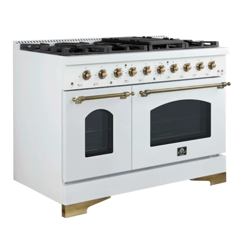 Forno Antico 48-Inch Freestanding Gas Range, White, Antique Brass Design, 8 Burners, Griddle, Double Ovens, Energy Efficient