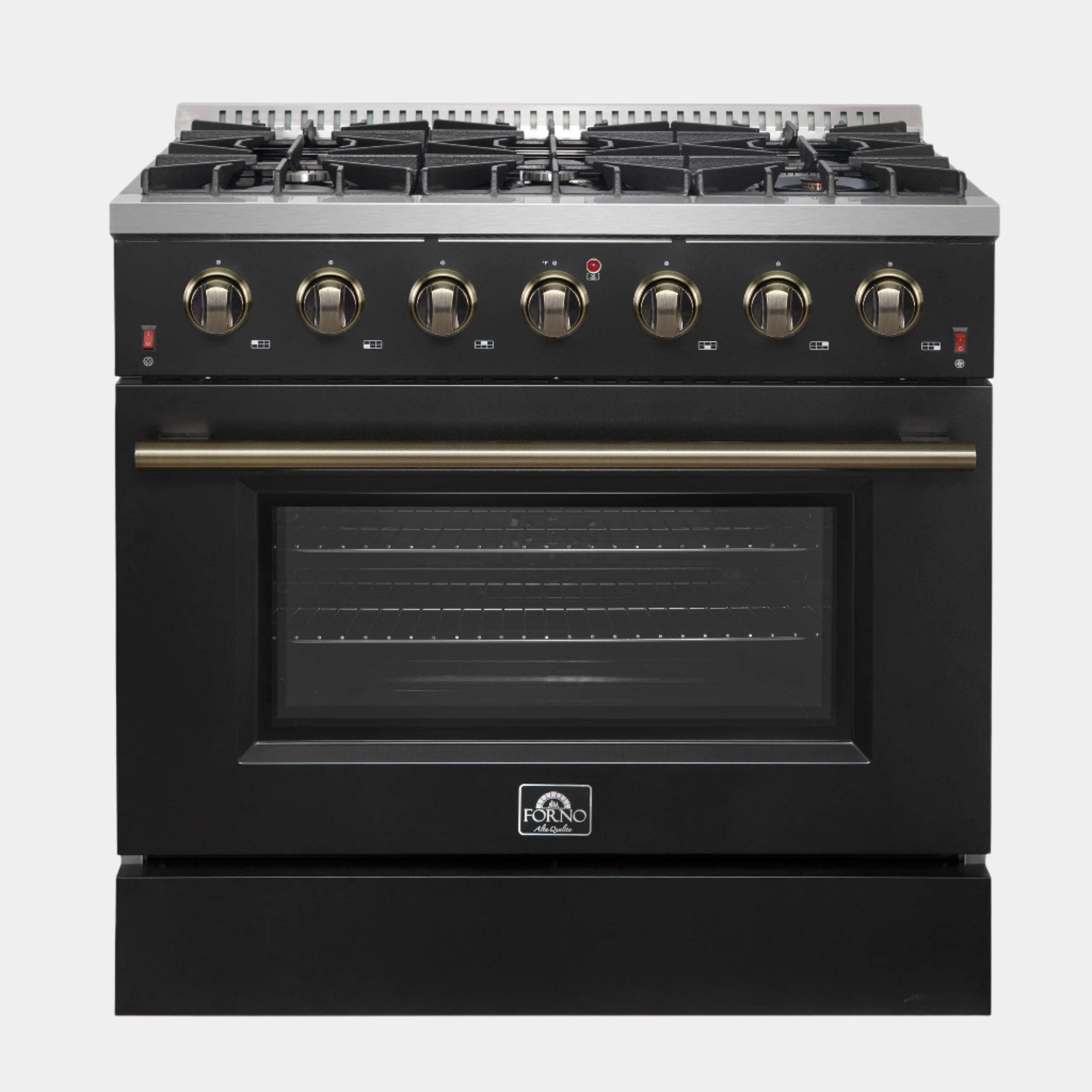 Forno Galiano 36-inch Freestanding Gas Range in Black with Antique Brass Design, 6 Burners, 83,000 BTU, 5.36 cu.ft. Convection Oven