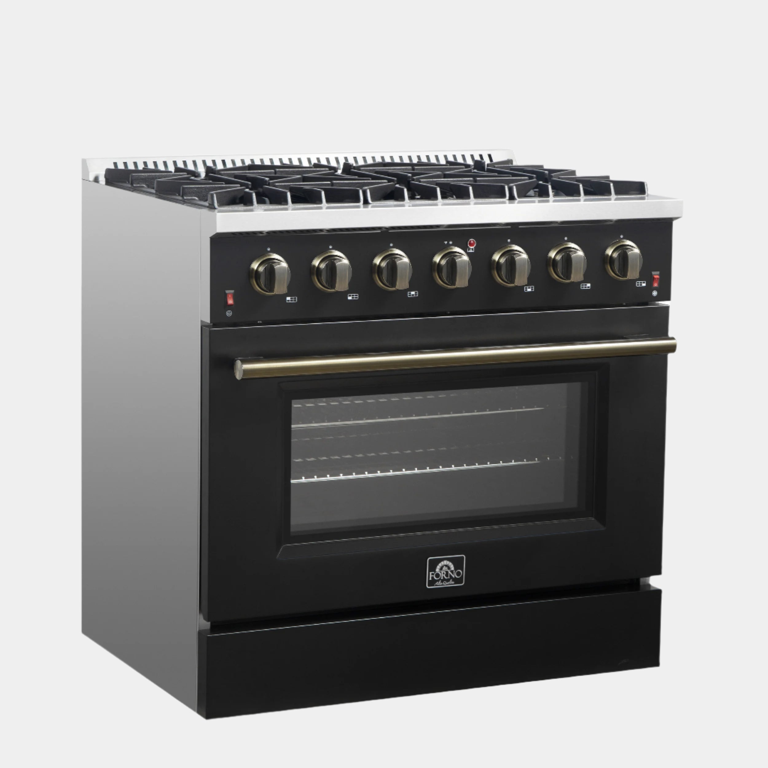 Forno Galiano 36-inch Freestanding Gas Range in Black with Antique Brass Design, 6 Burners, 83,000 BTU, 5.36 cu.ft. Convection Oven