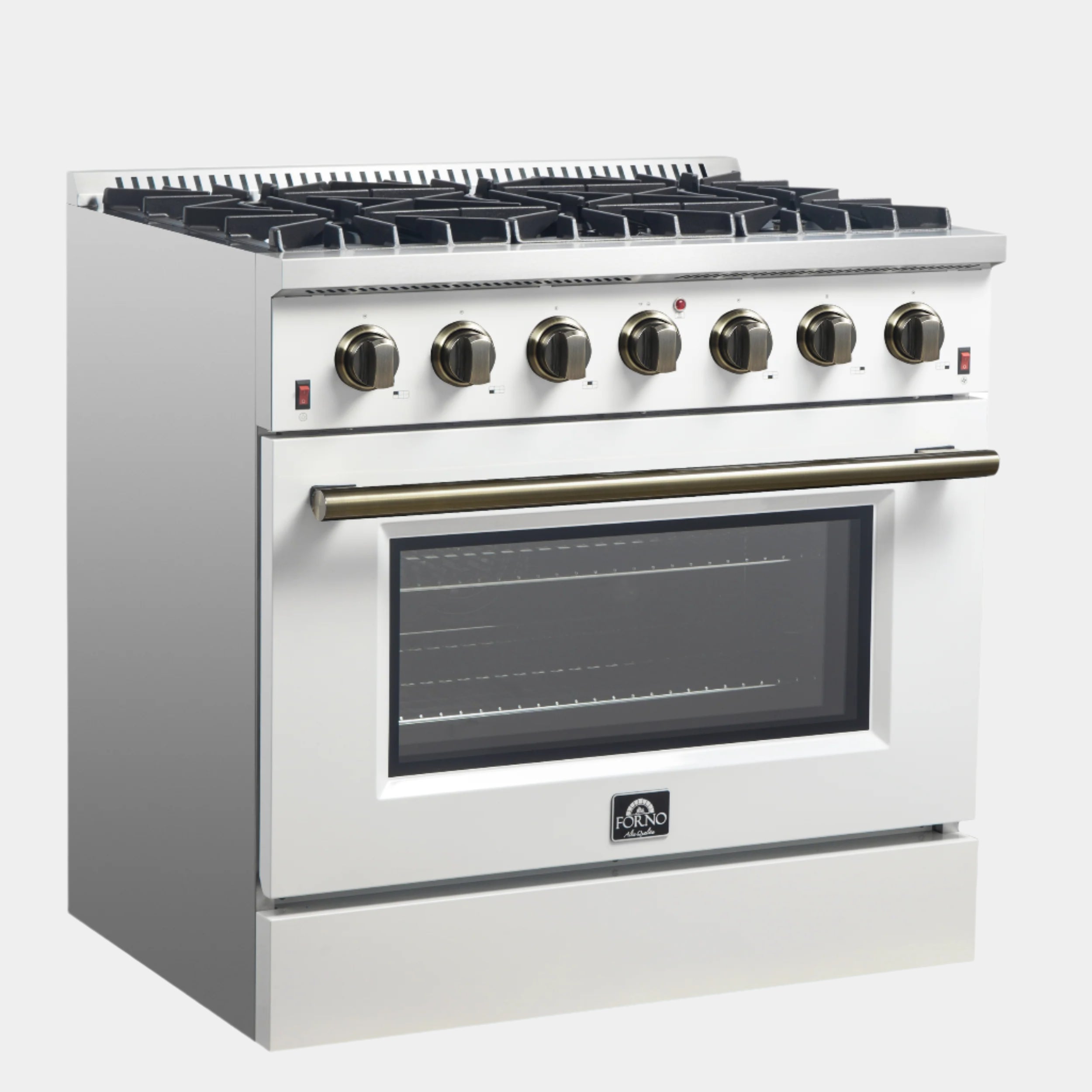 Forno Galiano 36-inch Freestanding Gas Range in White with Antique Brass Design, 6 Burners, 83,000 BTU, 5.36 cu.ft. Convection Oven