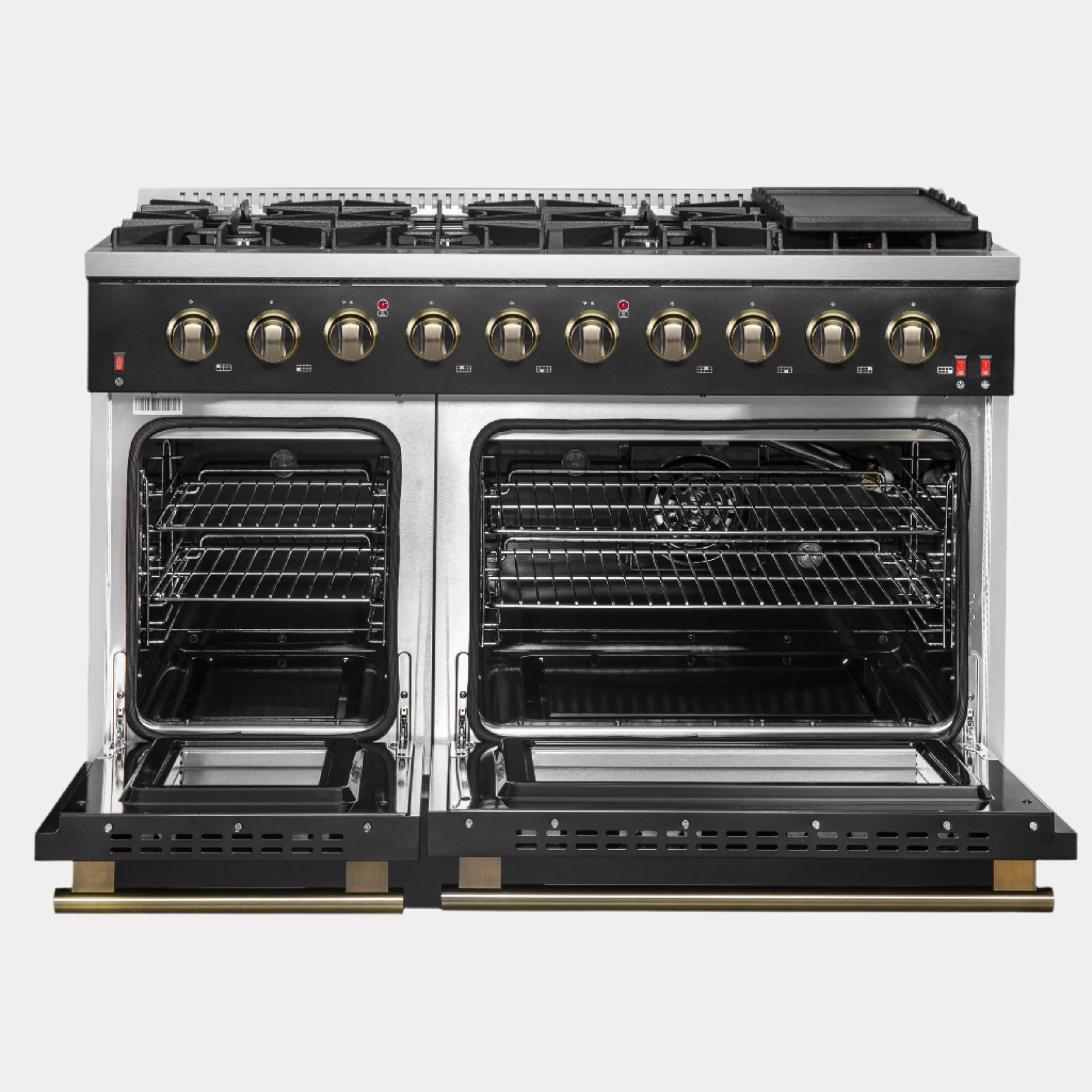 FORNO Galiano 48-inch Gas Range Black & Antique Brass Design, 8 Burners, 107,000 BTU, Griddle, 6.58 cu.ft. Double Ovens