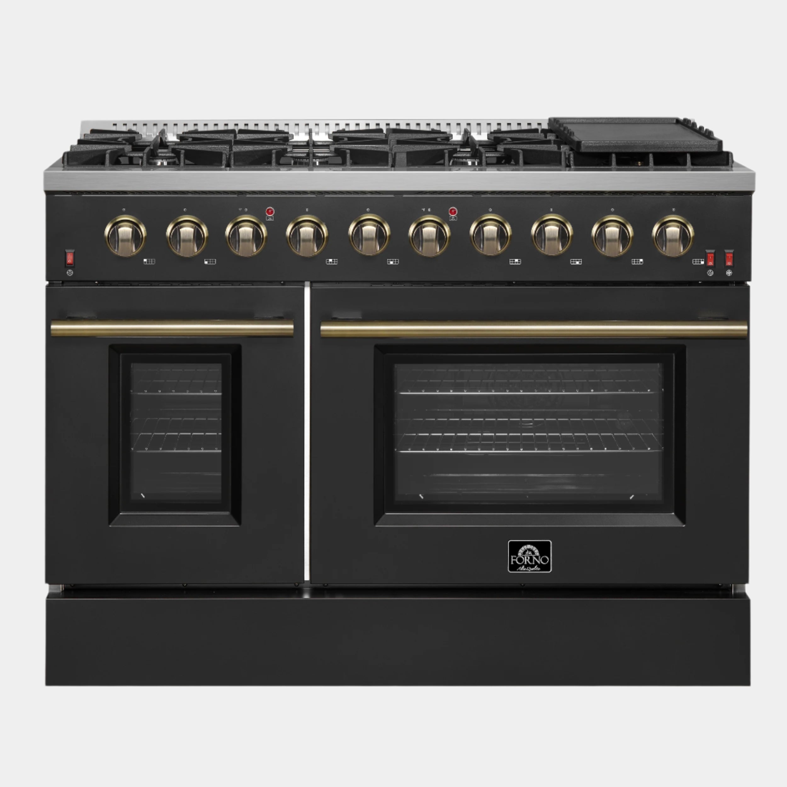 FORNO Galiano 48-inch Gas Range Black & Antique Brass Design, 8 Burners, 107,000 BTU, Griddle, 6.58 cu.ft. Double Ovens