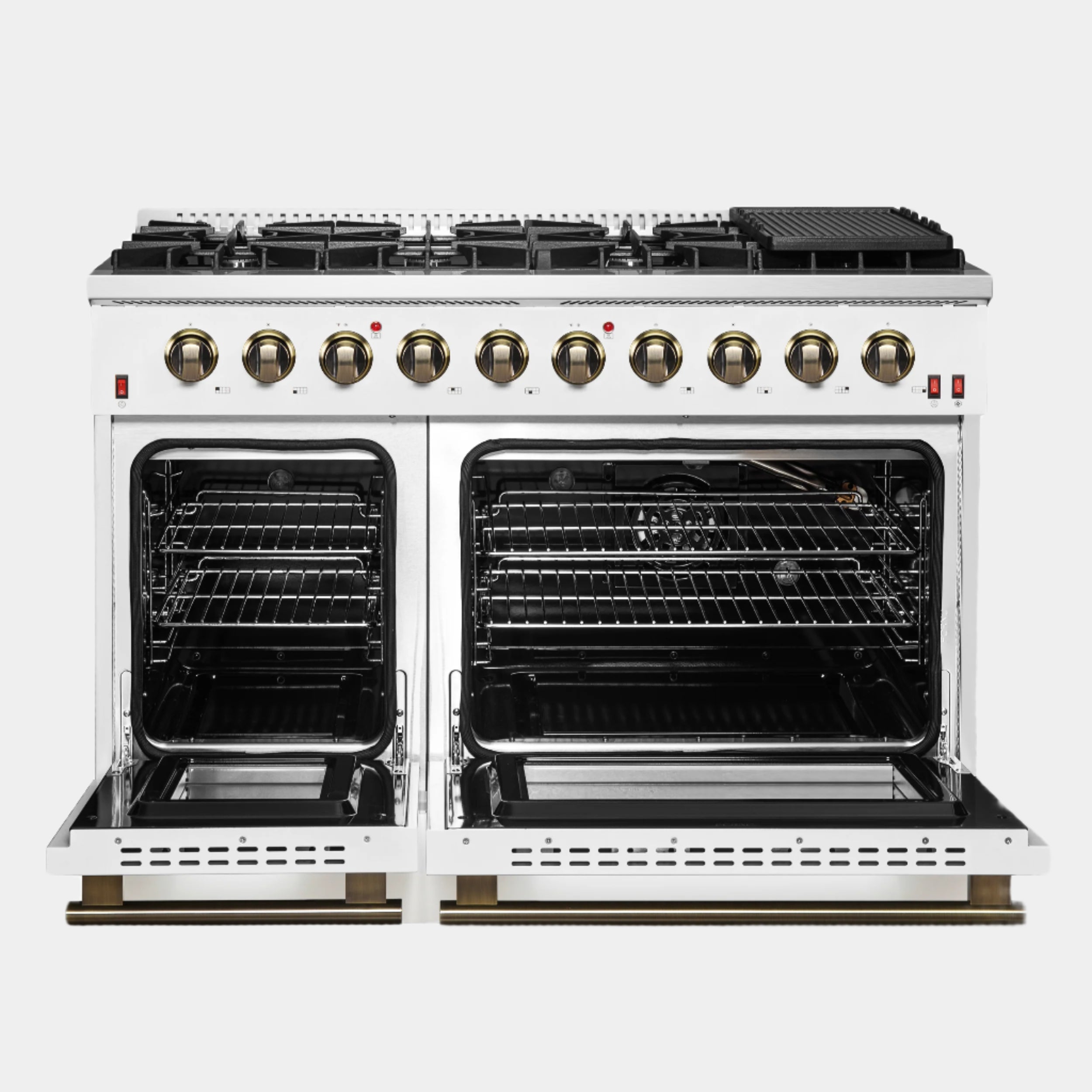 FORNO Galiano 48-inch Gas Range White & Antique Brass Design, 8 Burners, 107,000 BTU, Griddle, 6.58 cu.ft. Double Ovens