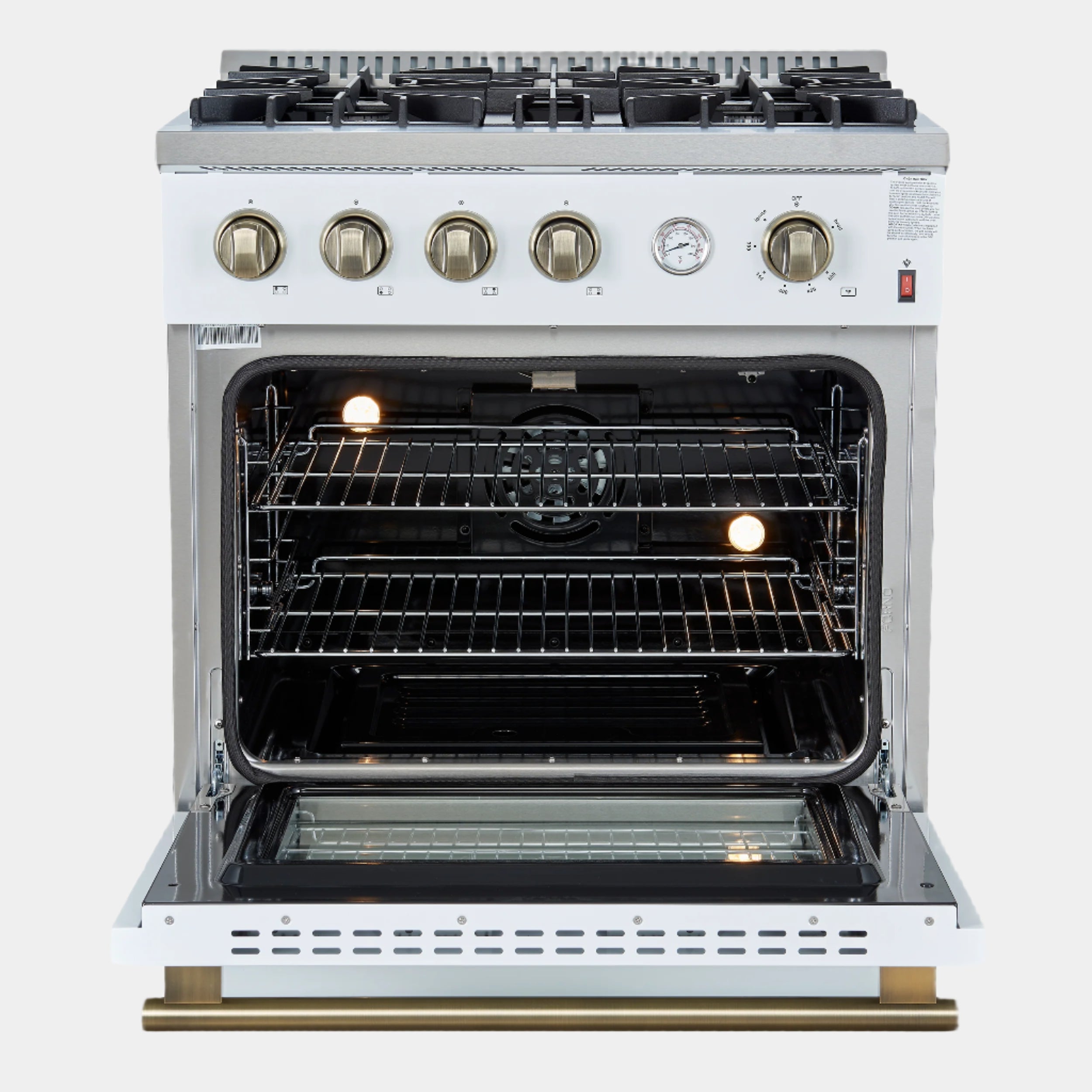 Marco 30-inch Gas Range White & Antique Brass Design, 4 Burners 37,000 BTU, 4.32 cu.ft. Convection Oven