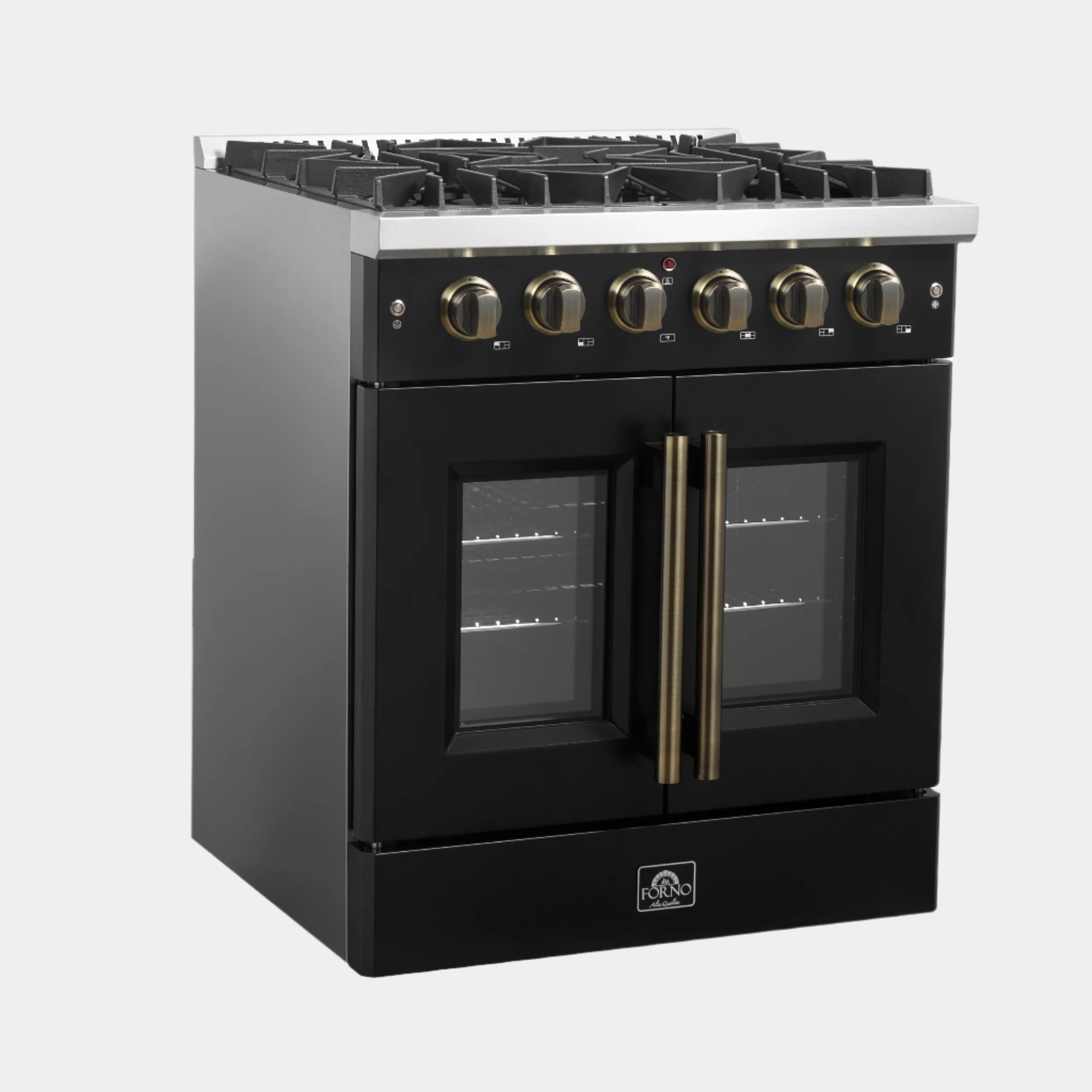 Forno Galiano 30-inch French Door Gas Range Black and Antique Brass Design, 5 Sealed Burners 68,000 BTU,  4.32 cu.ft. Convection Oven