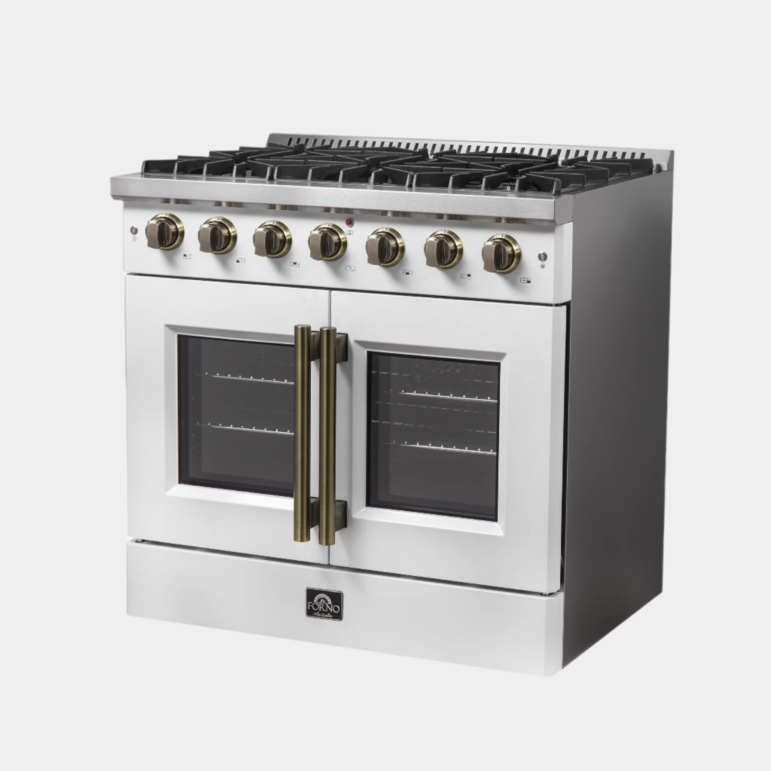 Forno Galiano 36-inch French Door Gas Range White and Antique Brass Design, 6 Sealed Burners 83,000 BTU, 5.36 cu.ft. Convection Oven