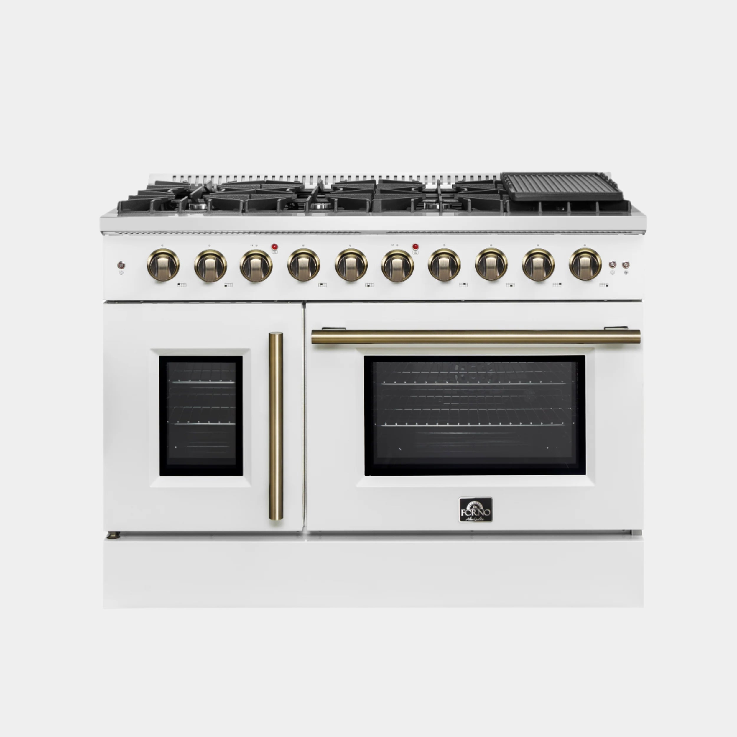 Forno Galiano 48-Inch Freestanding French Door Gas Range, White & Antique Brass