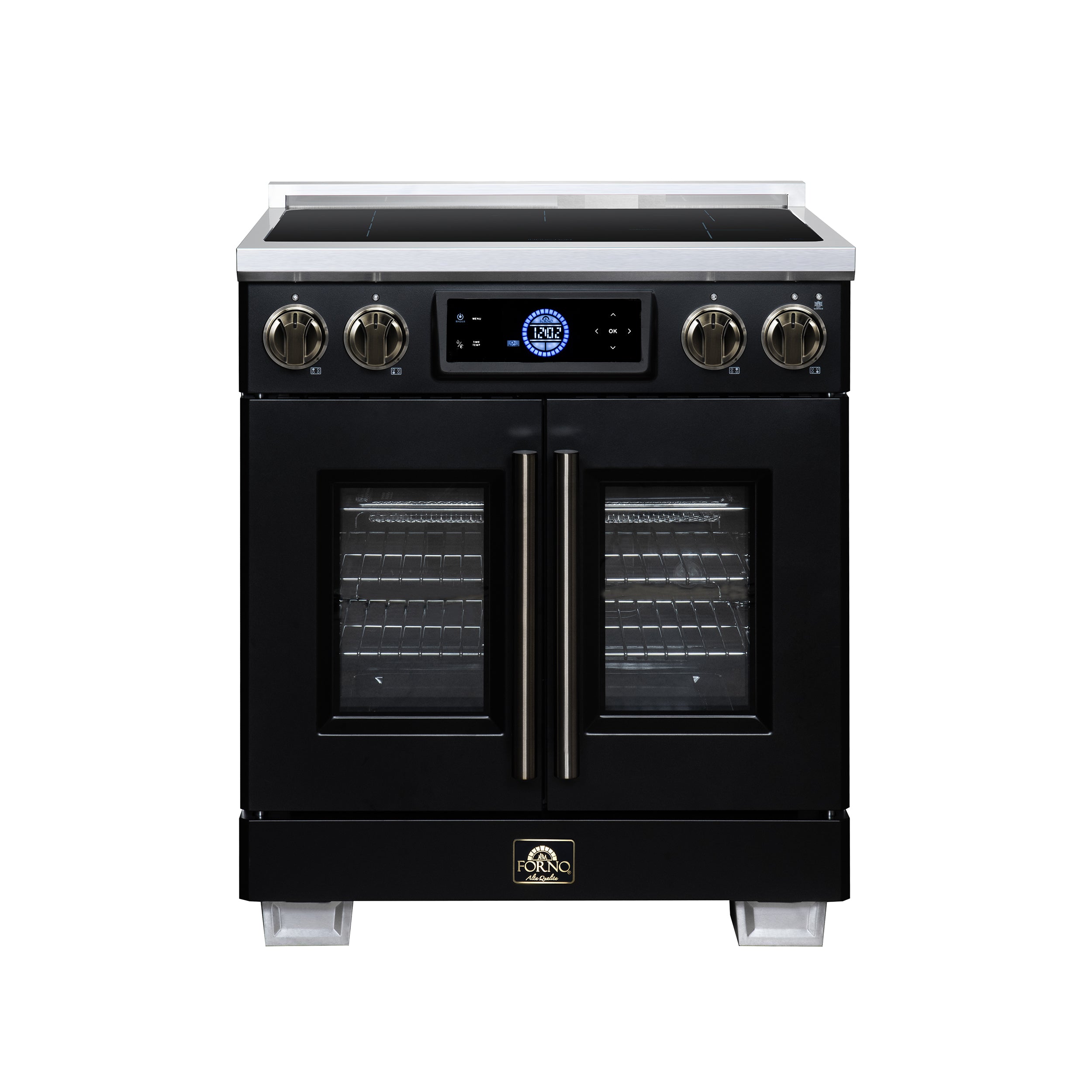 Maximus 30-Inch Induction range, French Door, 4 Cooking Zones, 4.32 cf. Convection Oven, Air Sous Vide, Air Fry Basket, Black